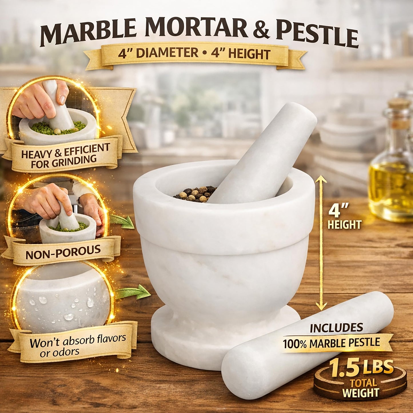 Creative Home Handcrafted 4 inch Mortar and Pestle Solid Marble Grinder for Spices and Herbs Artisan Carved from Yushan Marble Elegant and Durable for Everyday Cooking, 4 Diam. x 4 H Inch