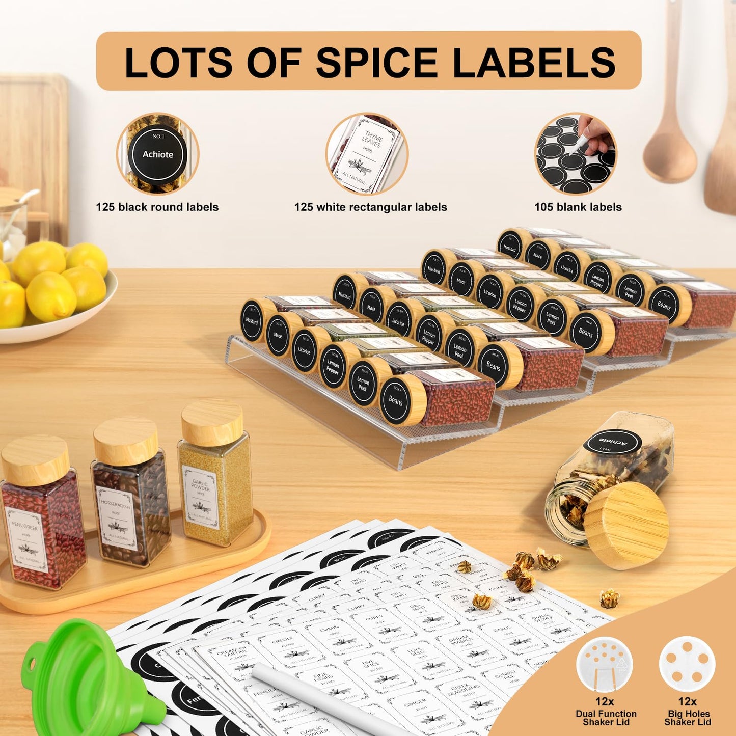 24 Spice Jars with Spice Drawer Organizer, 355 Spice Labels, 2 Pack Expandable From 11'' to 21'' Acrylic Spice Rack for Drawer, Seasoning Containers Storage Organization for Kitchen Cabinet Countertop