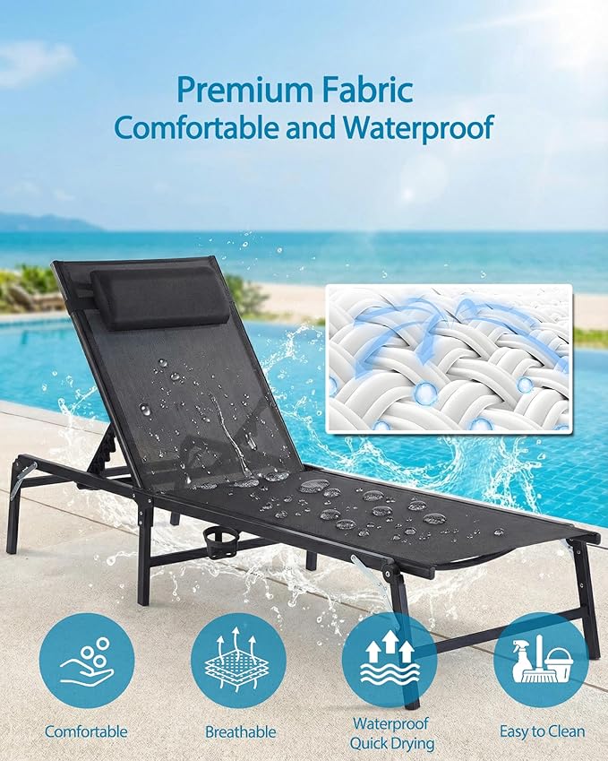 Foldable Chaise Lounge Chair with Cup Holder, Assemble-Free Outdoor Lounge Chair with Detachable Pillow and 6 Adjustable Backrest, Patio Lounge Chair for Outside Poolside Beach Pool, Black