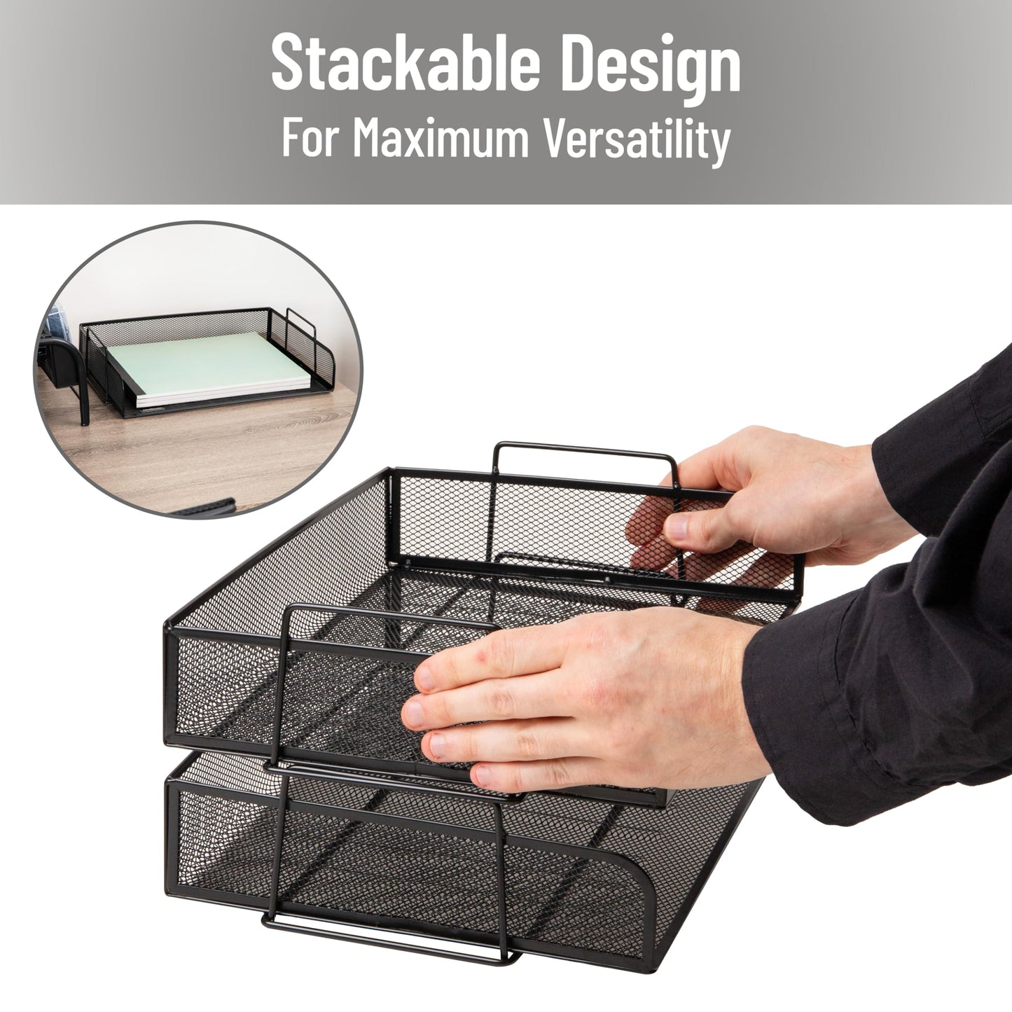 Mind Reader Stackable Paper Tray, Desktop Organizer, File Storage, Office, Metal Mesh, 2 Pcs., Black