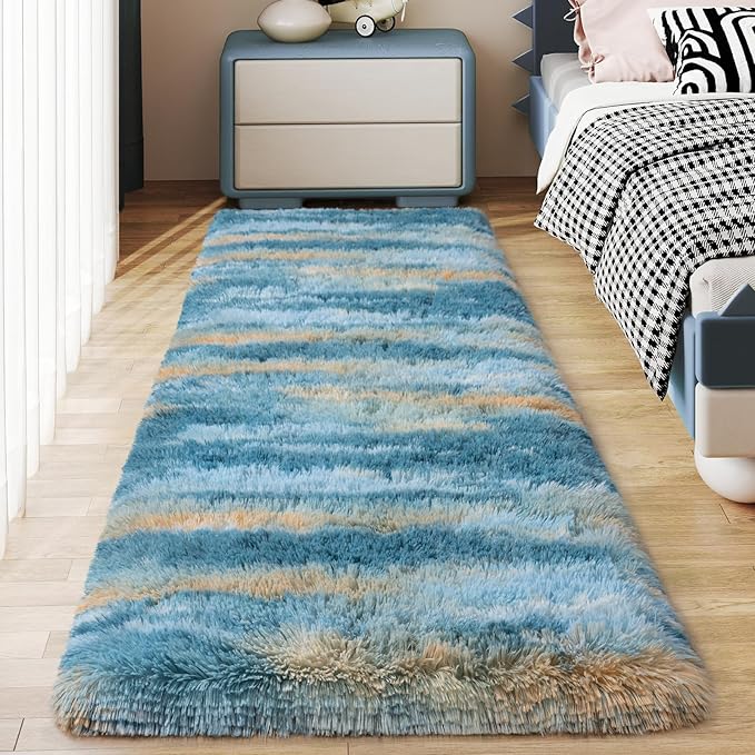 Soft Runner Rugs for Bedroom Hallways, 2x6 Abstract Blue Fluffy Shag Throw Area Rug Non Slip for Bedside Dorm, Long Shaggy Furry Carpet for Nursery Living Room
