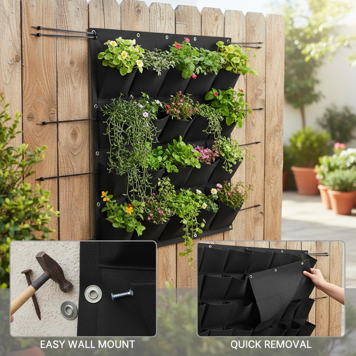 Uanqfegy Vertical Garden Planter, 36 Pocket Living Wall Planter - Thick Non-Woven Fabric Planting Bag, 39.4x39.4 Black
