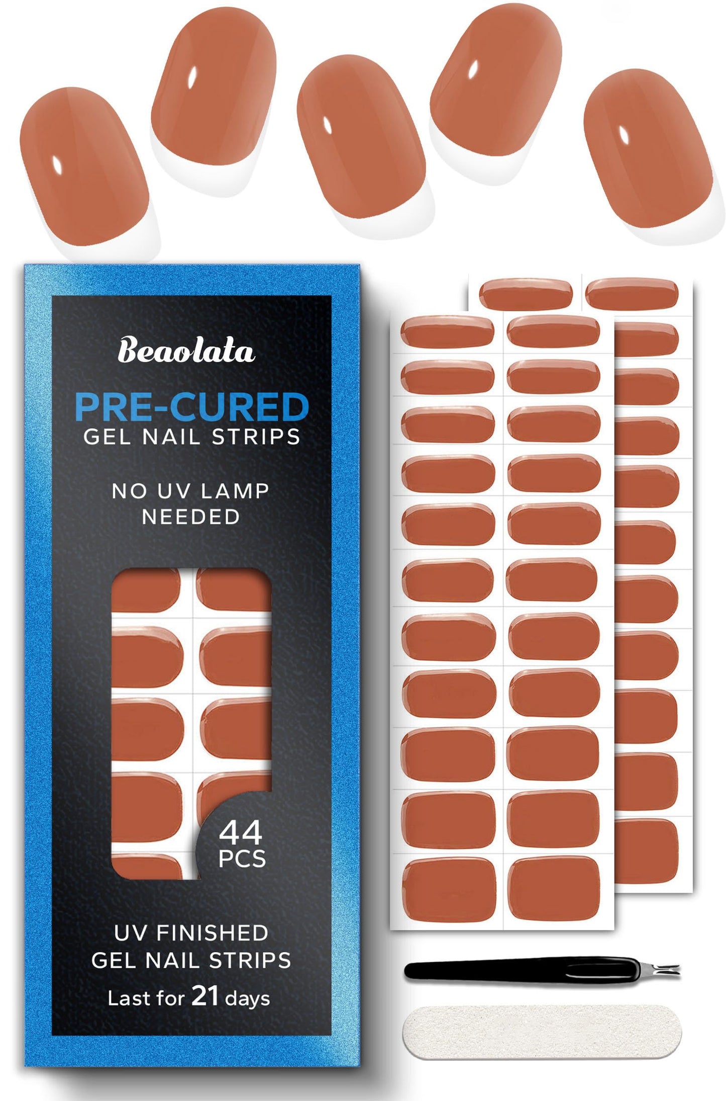Beaolata Real Gel Nail Strips (No UV Light Needed) - 44Pcs Salon Quality Nail Stickers - Long Lasting Polish Wraps for Women, Easy Apply & Remove (Warm Cocoa Brown)
