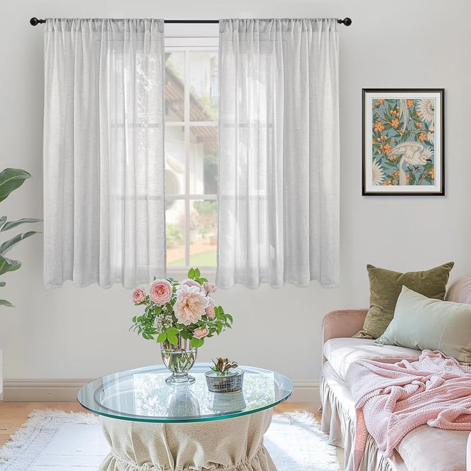 BGment Light Grey Linen Curtains 45 Inch Length for Short Window - Rod Pocket Small Drapes Textured Light Filtering for Cafe Bedroom Semi Sheer Lightweight Natural Rustic, 2 Panels Set, 42 X 45 Inch