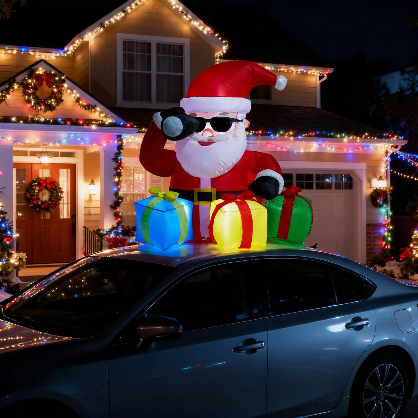 5 FT Christmas Rooftop Inflatable Santa with Telescope & Lighted Gift Boxes for Cars, SUVs, Trucks & Golf Carts, Blow Up Yard Decoration for Lawn, Garden & Indoor Holiday Display