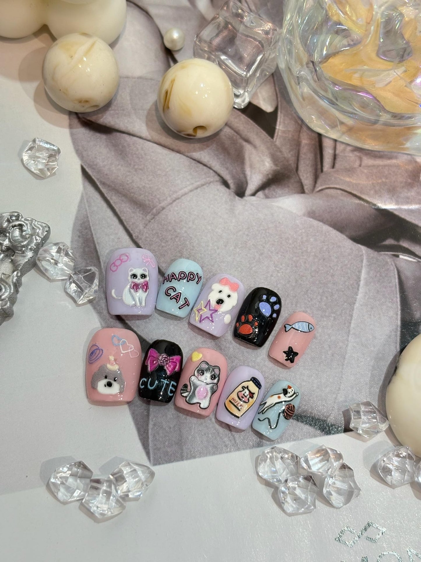 SIMAYKUWA Cute Style Japanese Inspired Embossed Cute Dogs Adorable Cats Tanuki DIY Nail Stickers - Everyday Nail Art Decorations A Set of 4 Sheets