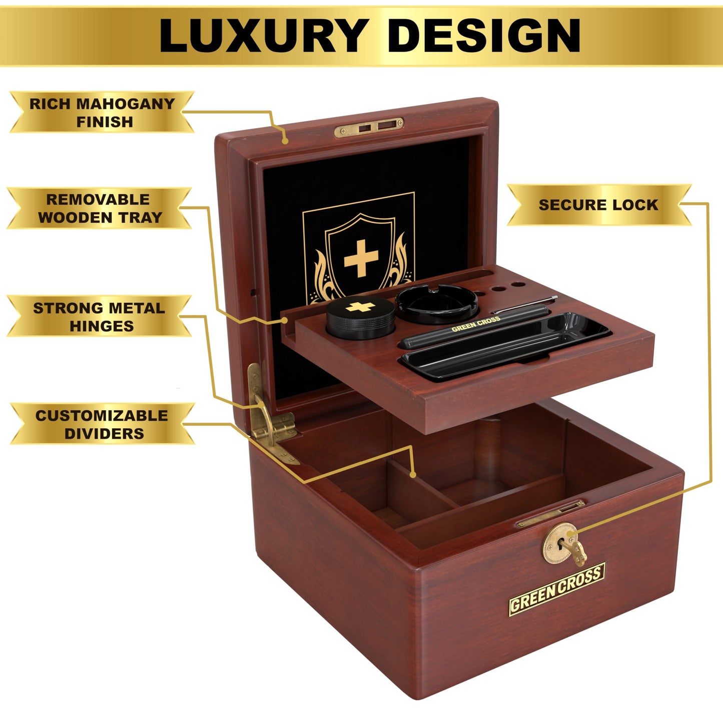 GREEN CROSS Acacia Wood Locking Valet Box – Luxury Organizer with Ceramic Tray | Premium Gift for Men | Handcrafted Wooden Keepsake Storage Box for Home or Office