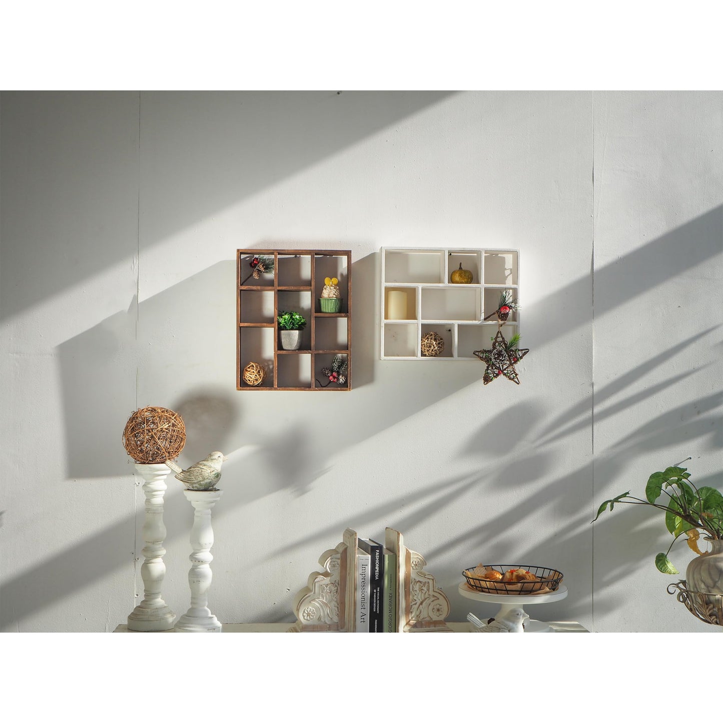 SOFE Small White Shadow Box with Shelves, Wall Shelving Unit 9-Compartments, Freestanding or Wall Mounted Curio Cabinet, Knick Knack Display Shelf, Wood Floating Cube Shelves for Walls, Collectibles