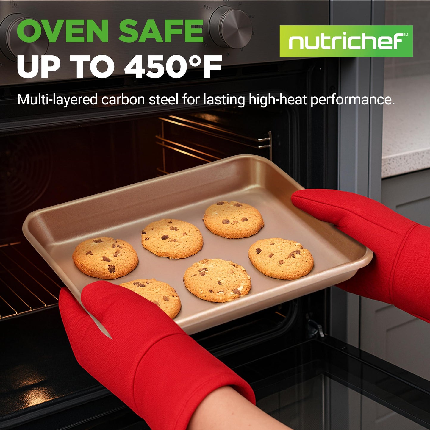 NutriChef 2-Piece Nonstick Stackable Cookie Sheet Set – Non-Toxic Carbon Steel Baking Pans – Heavy Duty, Warp-Resistant, Easy to Clean, Oven & Dishwasher Safe Bakeware