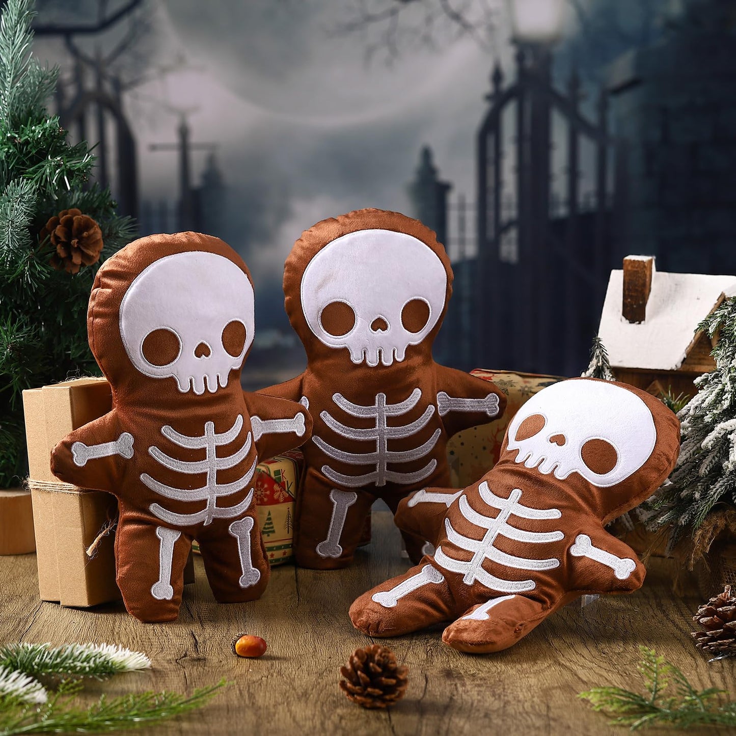 3 Pcs Skeleton Gingerbread Man Gothic Horror Throw Pillows - Creepy Stuffed Plush Spooky Sofa Cushion Decor for Christmas & Halloween
