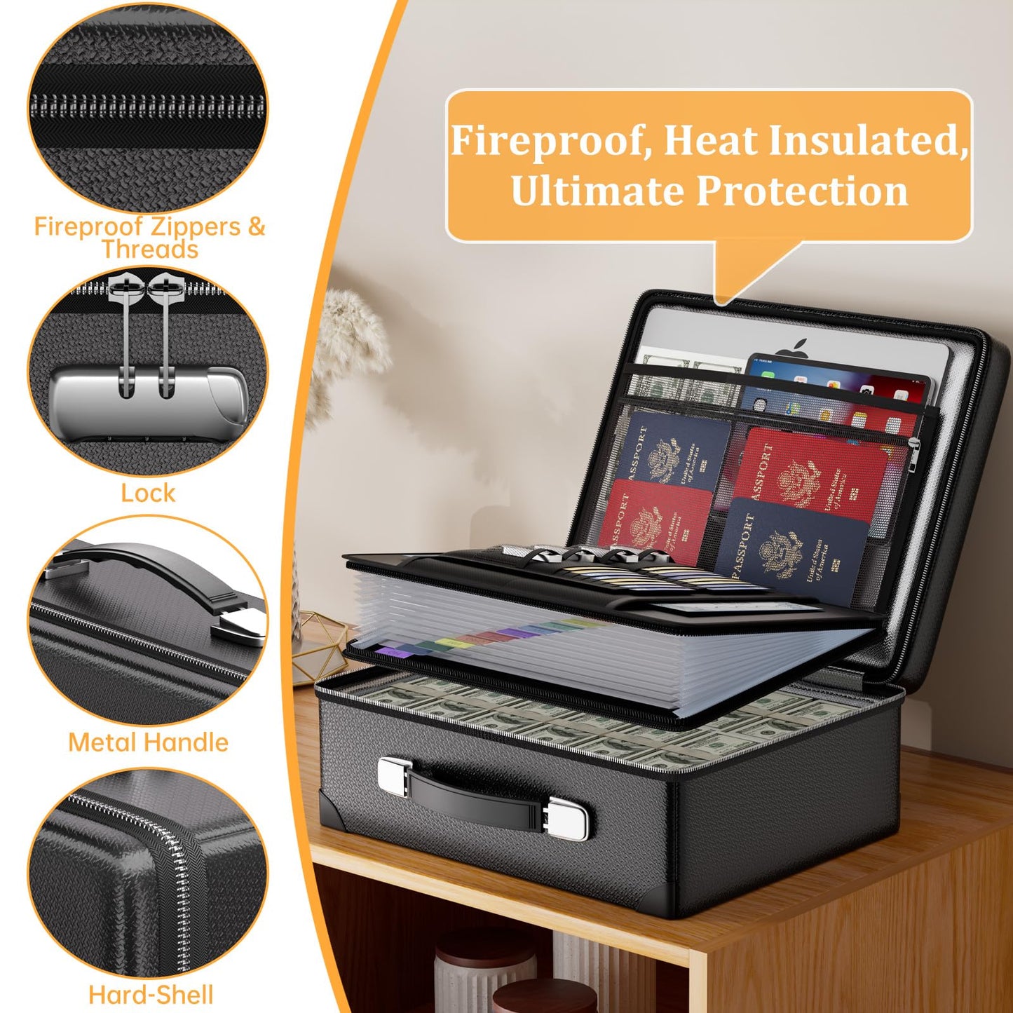 DocSafe 6400°F Fireproof Document Box with Lock,Heat Insulated Fireproof Water Resistant 10 Layers Hard Case Safe Box with Zipper＆Multi Pockets,Protects Personal Items,Documents,Laptop,Passport,Black