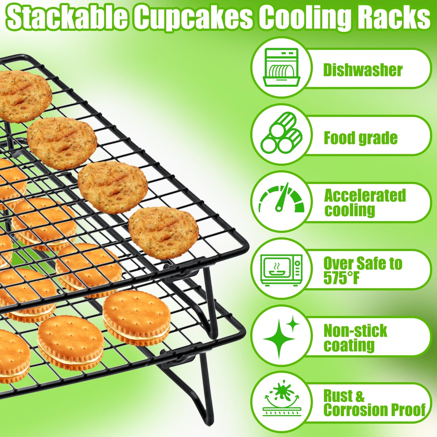 Stackable Cooling Rack for Cooking and Baking, 2 Pack Wire Cooling Rack with Collapsible Legs for Cooling Cookie, Cake, Pizza, Roasting, Grilling, Drying(13.4"*9.3")