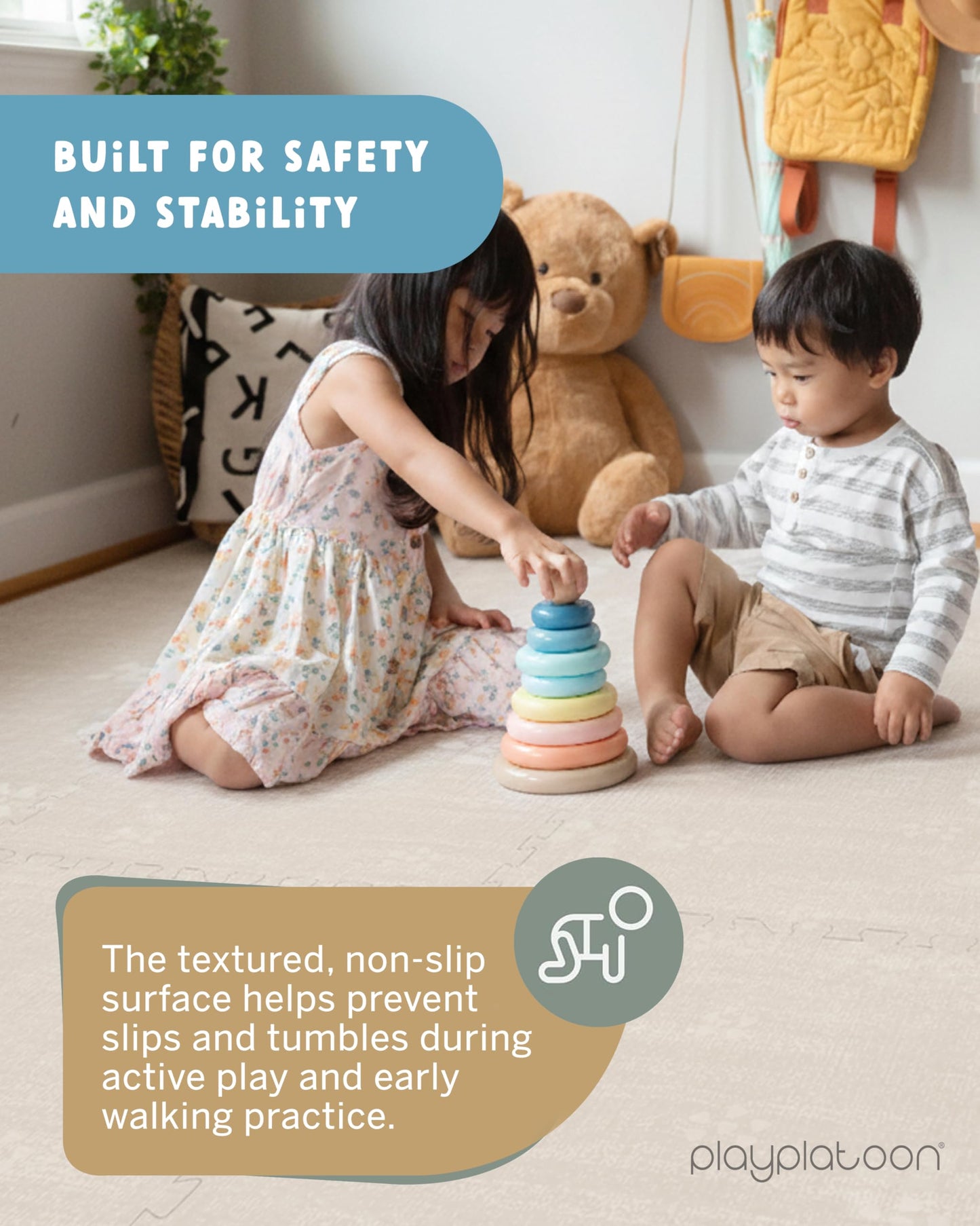 Play Platoon Non-Toxic Large Baby Play Mat for Floor 16 Tile 96 x 96 inch - Extra-Thick Interlocking Foam Floor Tiles 24 x 24 in Puzzle Mat Pieces with Border, Playmat Rug for Kids - Brushed Cotton