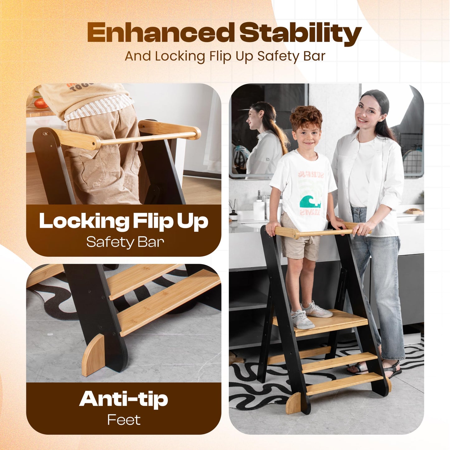 Adjustable Folding Toddler Tower, 3 Level Height Adjustable, Montessori Learning Stool, Kids Standing Tower for Kitchen and Bathroom.