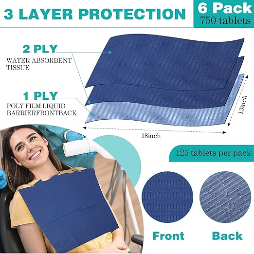 Newwiee 750 Pcs Disposable Dental Bibs Bulk Waterproof Tattoo Sheet Patients for Lash Nail Art Tray Cover 13" x 18"(Blue)
