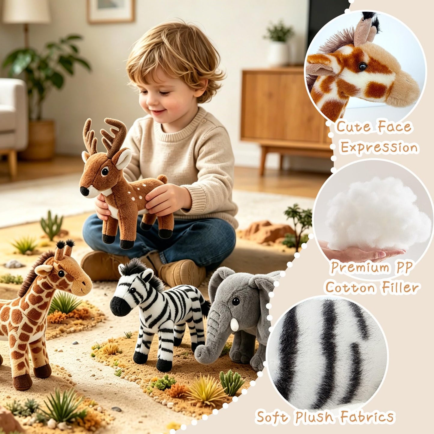 4-Pack 8" Plush Safari Stuffed Animals Set – Giraffe, Zebra, Deer and Elephant, Ultra Soft Washable Jungle Toys for Kids, Adorable Nursery Decor for Toddlers