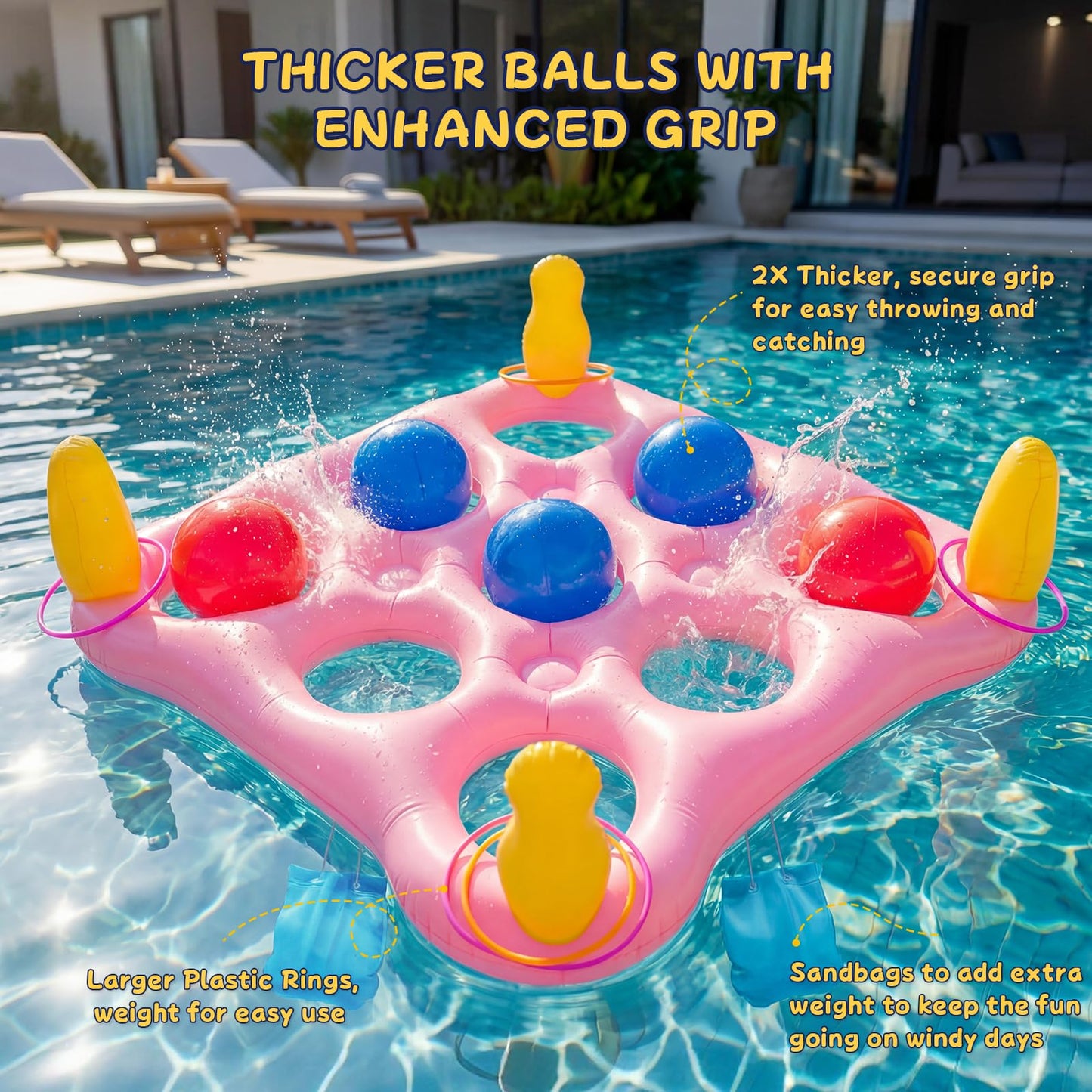 ECHTPower Tic-Tac-Toe Pool Toys Games - 2-in-1 Giant Inflatable Pool Floats with Ring Toss Set and 10 Balls, Fun Summer Party Water Beach Float Pool Game for Adults Teens Kids (Pink)