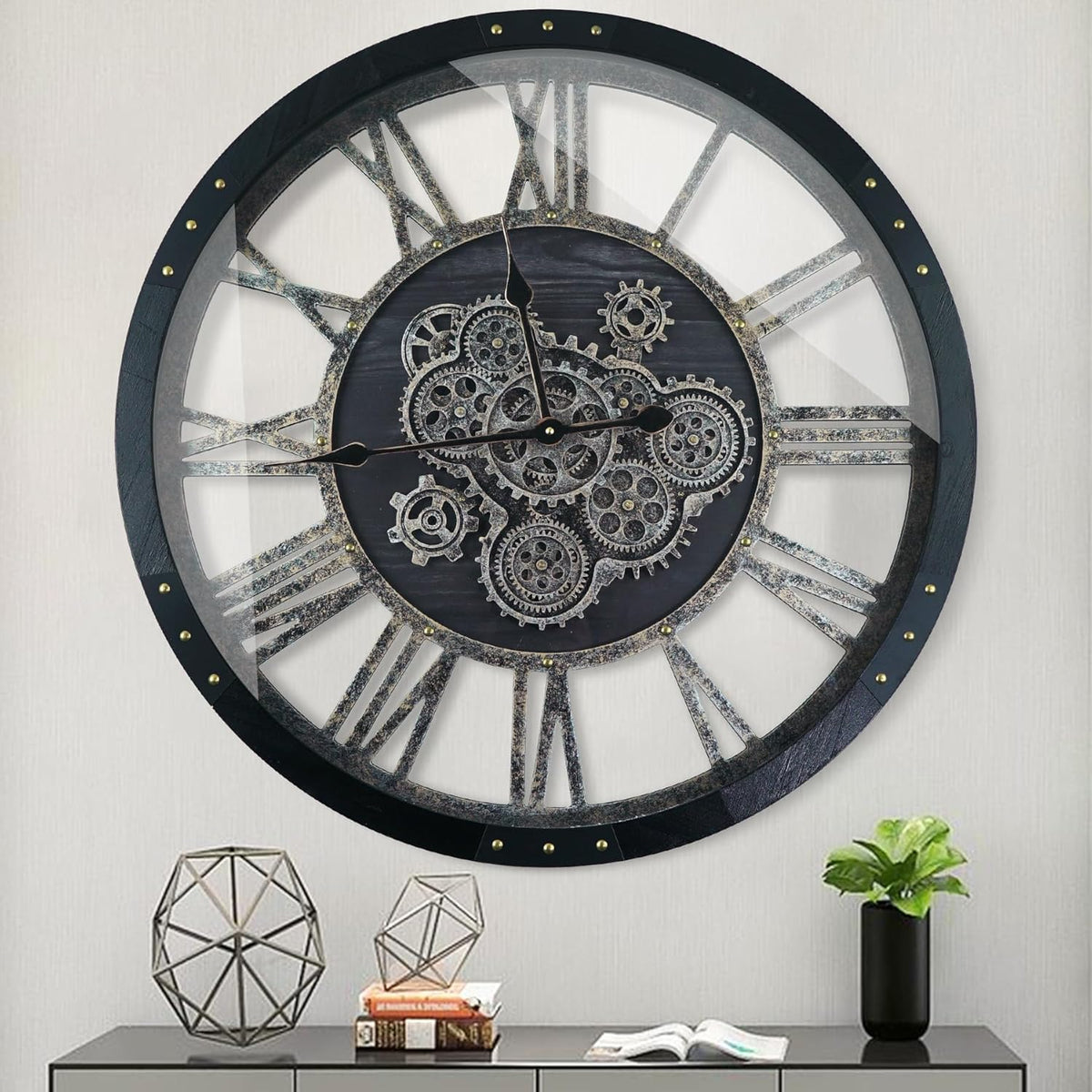 36 Inch Moving Gear Wall Clock, Oversized Wall Clocks, Clock Living Room Decor, Solid Wood Frame, Battery Operated, Large Wall Clock with Steampunk Industrial for Fireplace(Black)