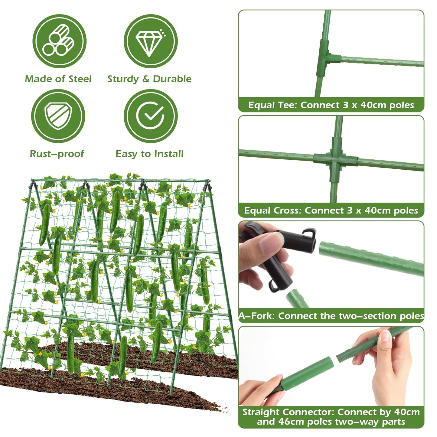 Cucumber Trellis for Raised Beds, 45 x 53 Inch Adjustable Size A-Frame Garden Trellis for Climbing Plant Outdoors with Climbing Net and Plant Support Clip for Vegetable Grape Tomato Bean Pea