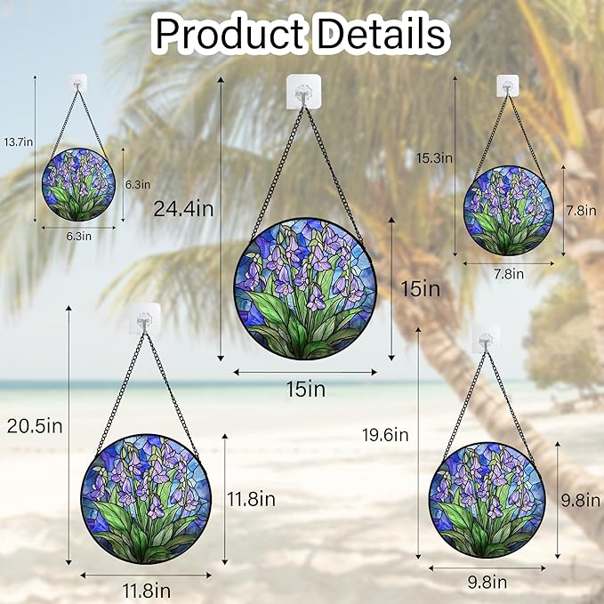 Stained Glass Suncatcher, Blue Purple Flowers Green Leaves Sun Catcher Plants Stain Glass Window Hanging Decoration Mother's Day Birthday Gifts for Women Men Mom and Nana 15 in