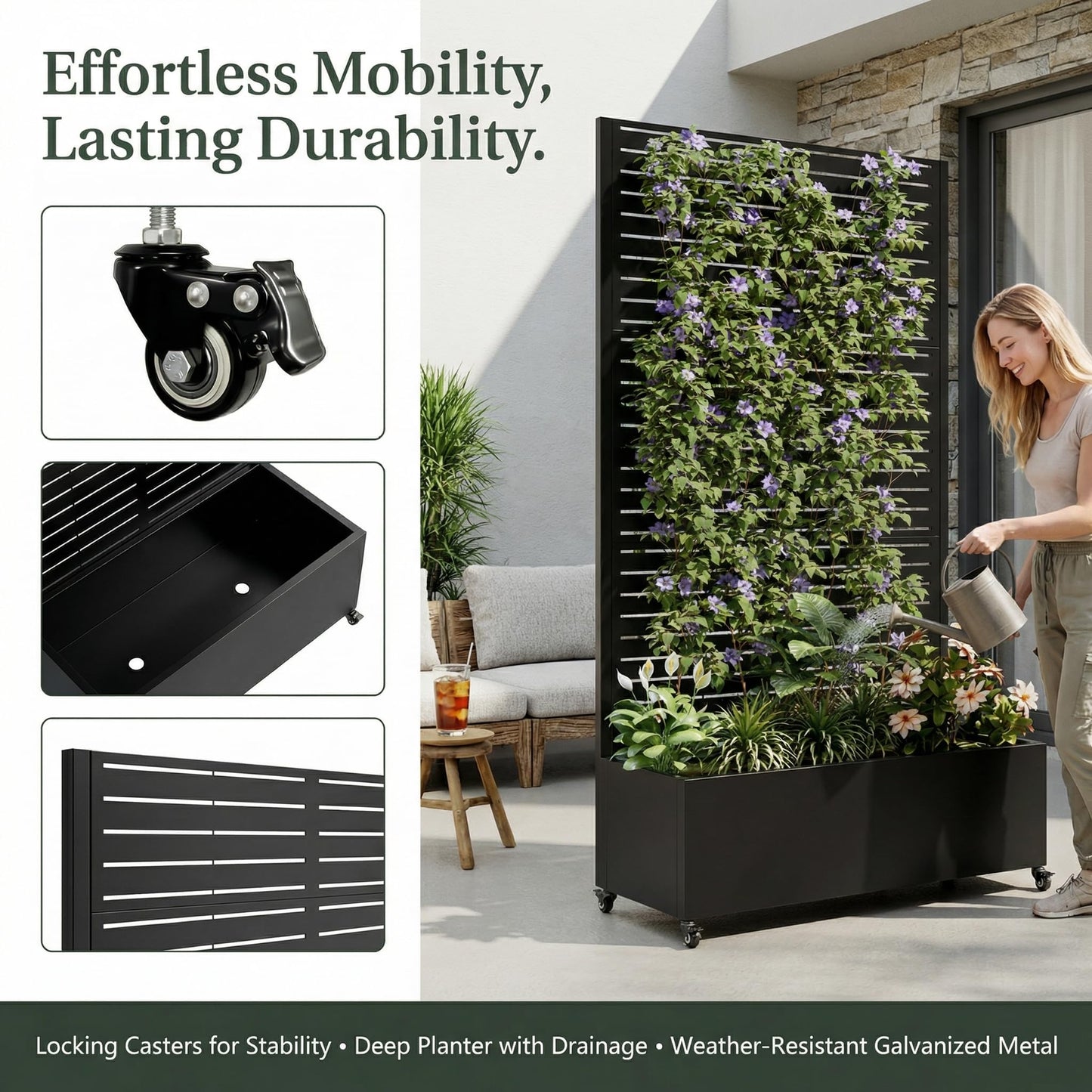 FLOHOVER 73" Metal Planter Box with Trellis, Outdoor Raised Garden Bed with Lockable Wheels & Drainage Holes, Galvanized Steel Privacy Screen Trellis Planter for Climbing Plants Vines Flowers