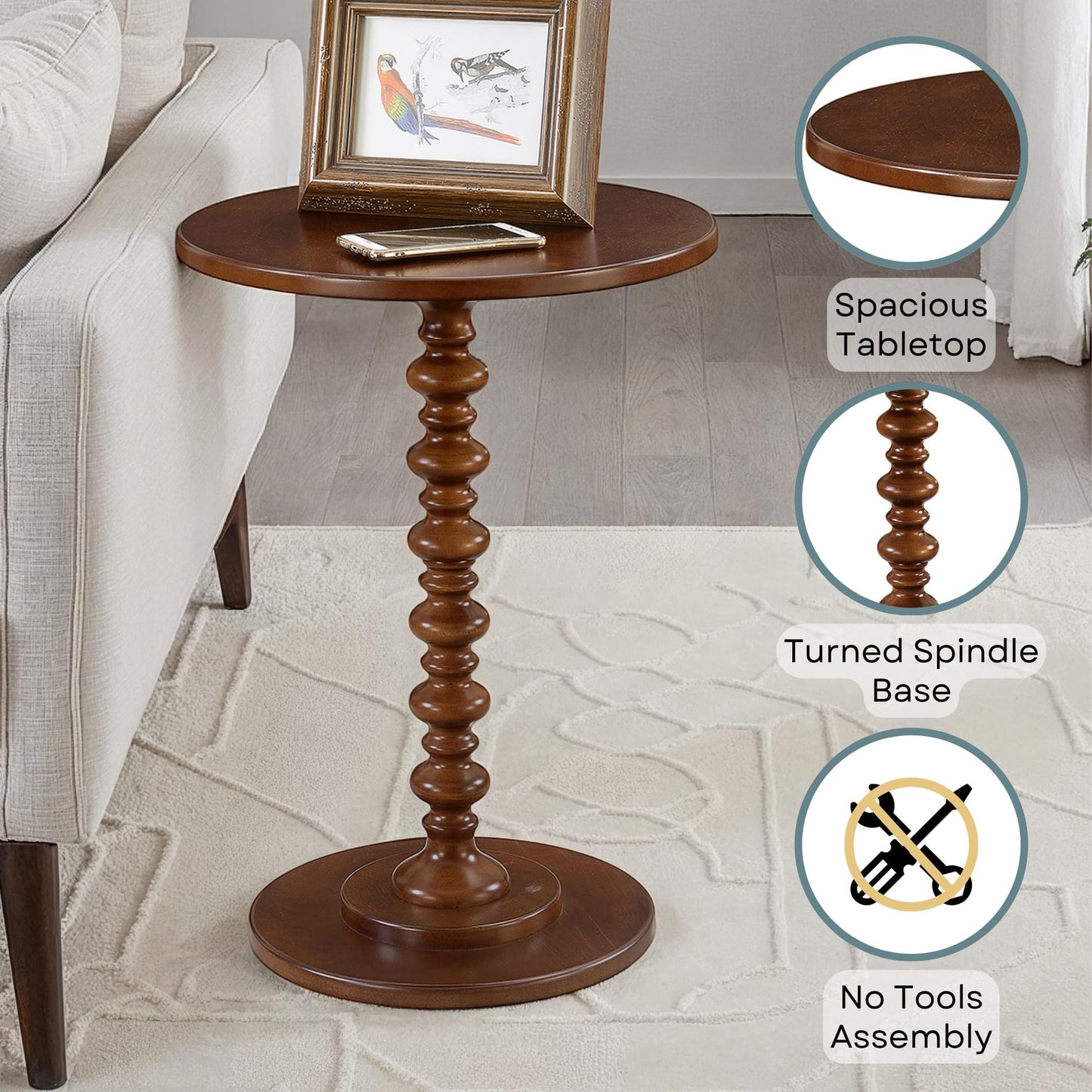 Convenience Concepts Palm Beach Spindle Table 17.75" - Traditional Round End Table for Living Room, Turned Solid Wood Side Table, Classic Display Pedestal Table, Espresso