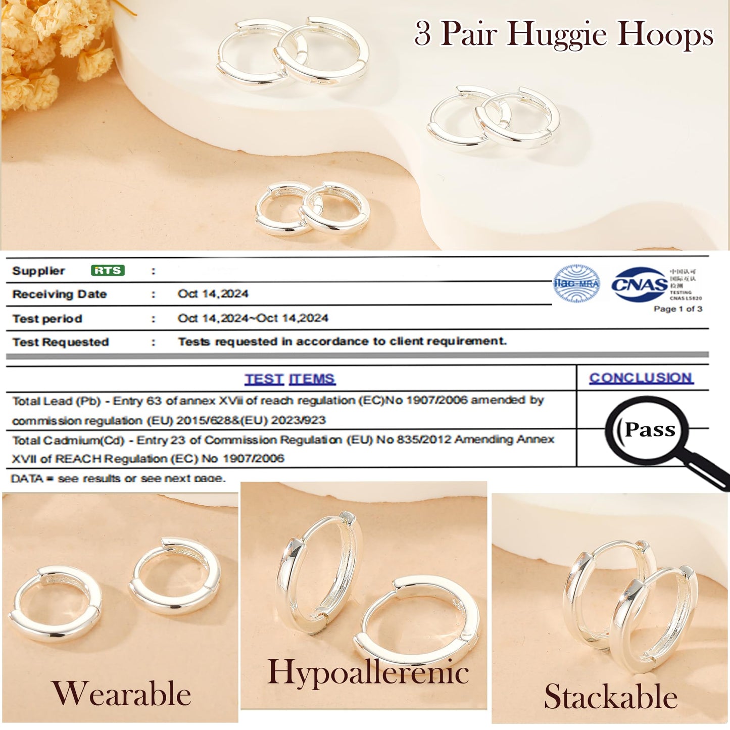 DORANA 3 Pairs 925 Sterling Silver Earrings for Women Non Tarnish Small Huggie Hoop Earrings Hypoallergenic Cartilage Hoops Stackable Earring Silver Stacks Sets for Multiple Piercing