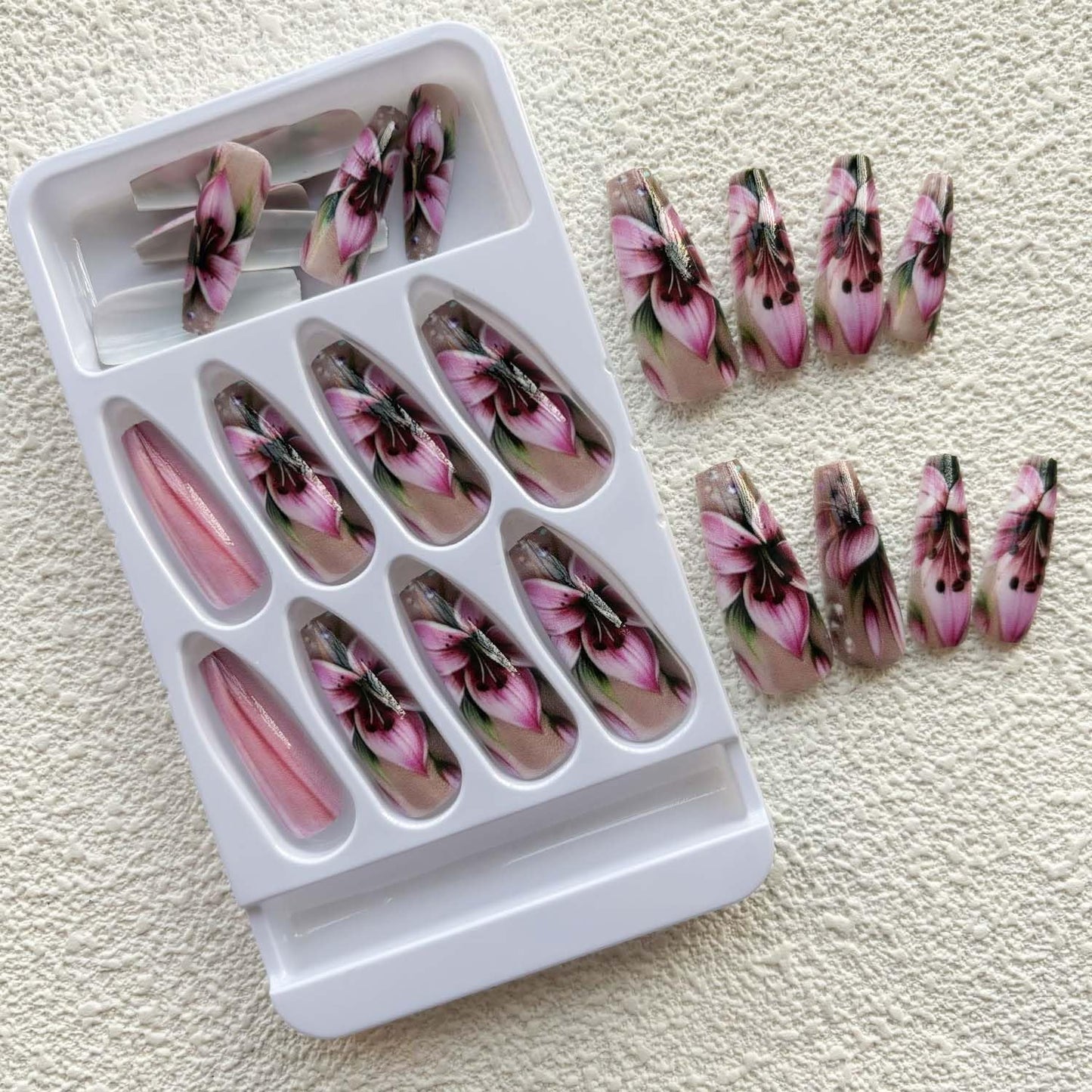 Coffin Press On Nails Long Pink False Nails With Flower Design Full Cover Acrylic Artificial Spring Glossy Reusable Stick On Nail Glue On Nail For Women Manicure Art 24pcs