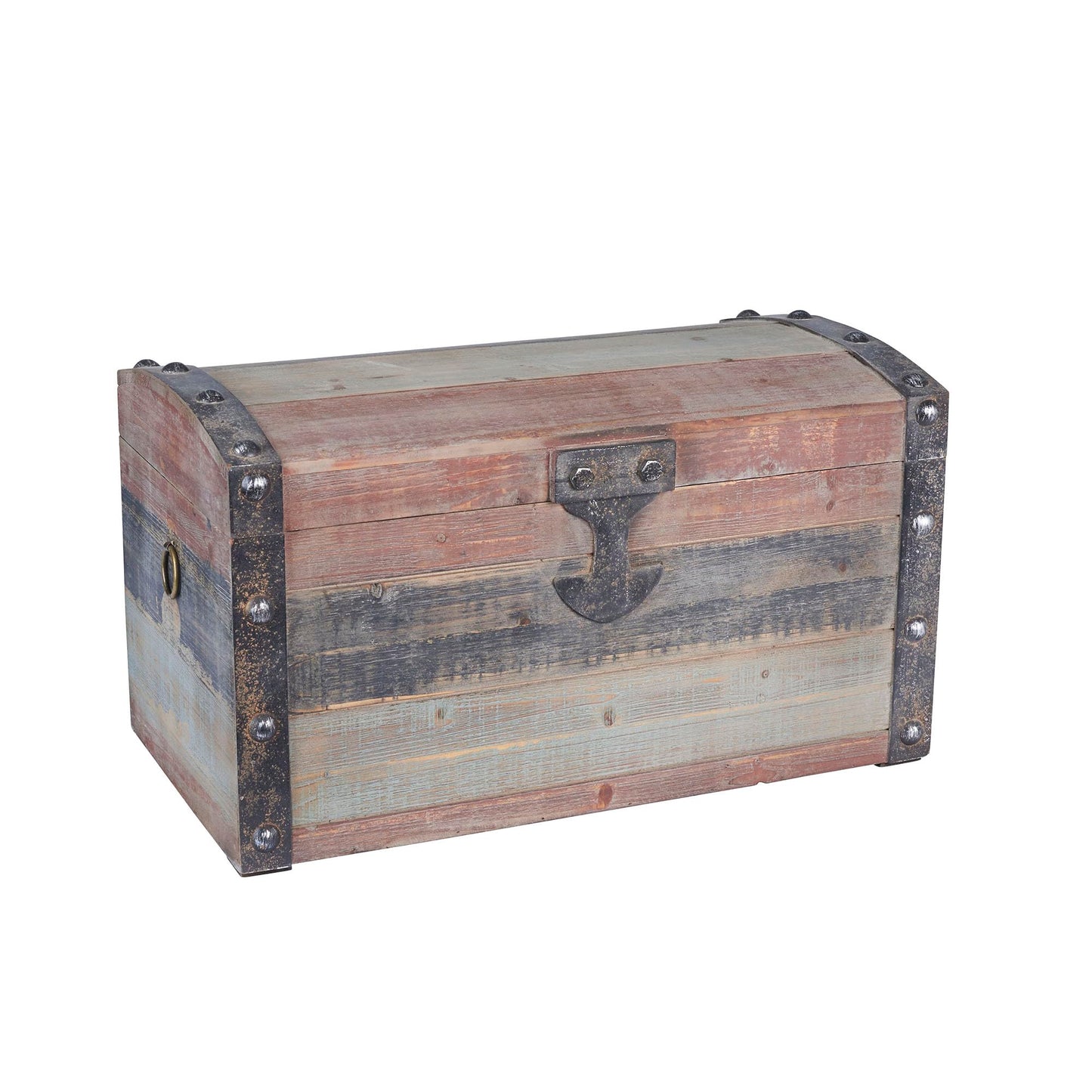 Household Essentials Small Wooden Storage Trunk, Weathered Wood with Paint Finish, Hinged Lid with Metal Accents