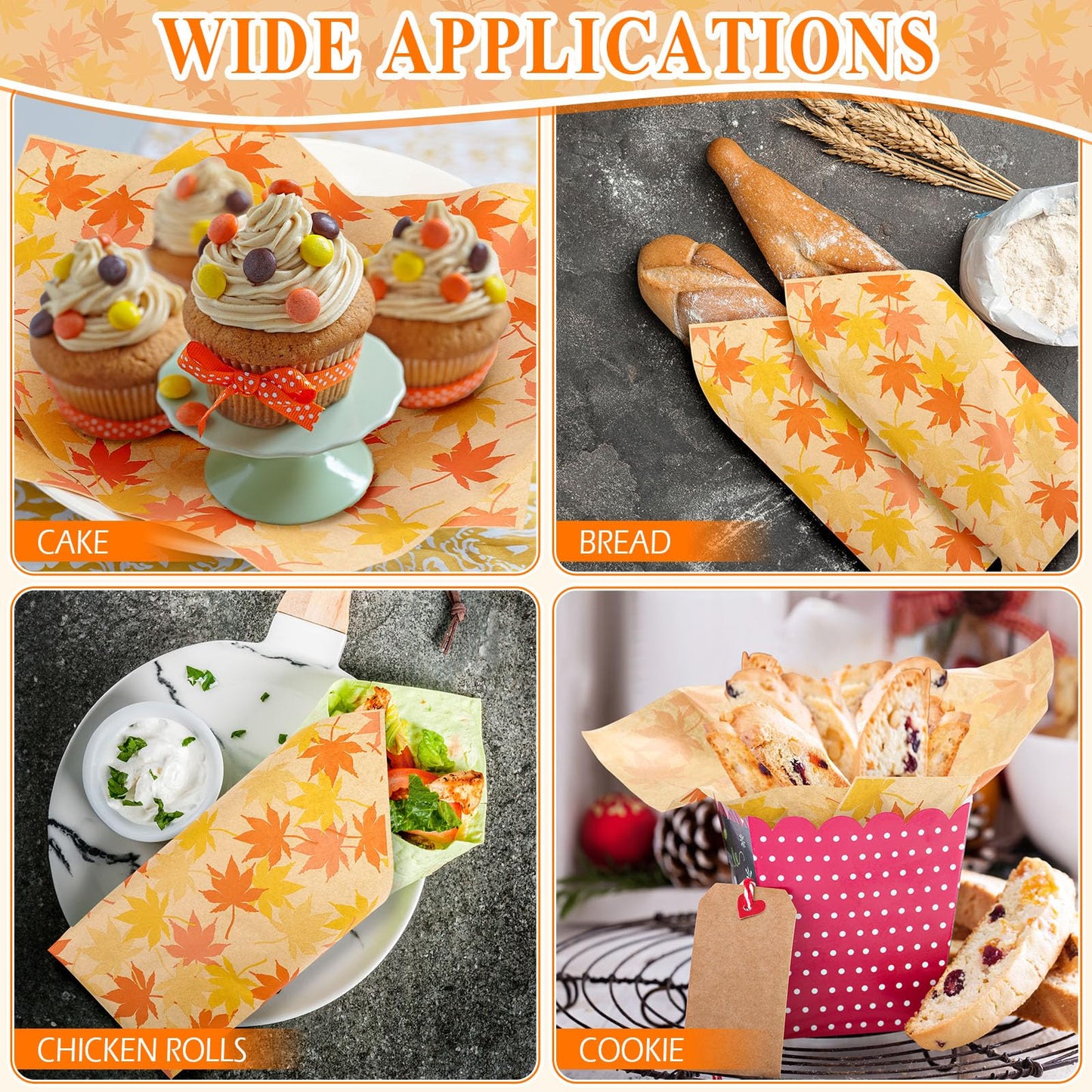 Tenare 150 Pieces Autumn Fall Wax Paper Sheets Food Wrap Grease Resistant Liners Thanksgiving Theme Waterproof Wrapping Tissue Food Picnic Paper for Kitchen(Orange Maple Leaf)