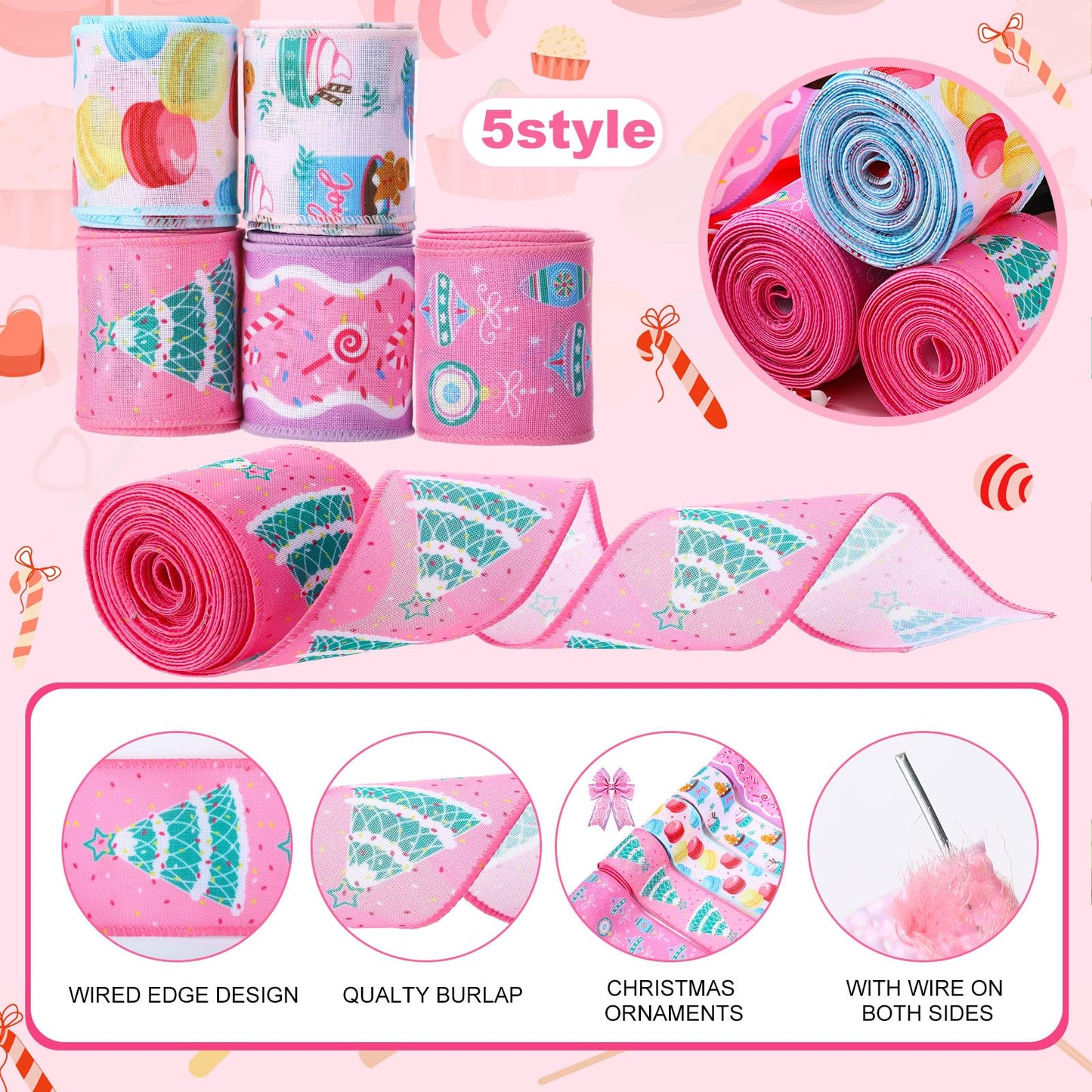 5 Roll 30 Yard Pink Christmas Candy Ribbon Wired 2.5 in Fabric Candy Pastel Christmas Wired Edge Ribbon for Xmas Tree Decorations, Gift Wrapping Wreath DIY Making Bow Crafts