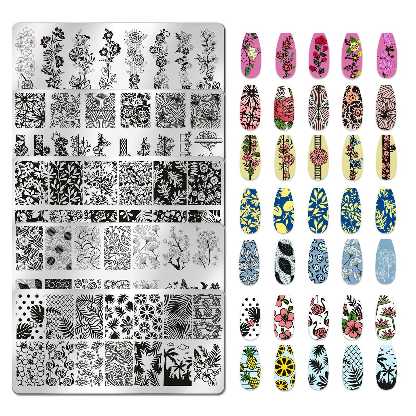 JERCLITY 6pcs Flower Leaf Nail Stamping Plate Nail Stamping Kit for Nails Flower Leaf Image Plates Nail Art Design Template Print Nail Stamper Kit for Women