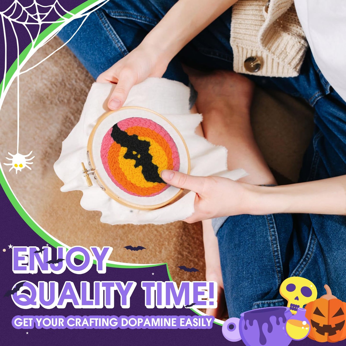 yuegool 6PCS Enchanted Oddities Punch Needle Coasters Kit – Easy DIY Embroidery Kit for Beginners, Adults Includes Patterns, Tools, Yarns, Hoop, Instructions, Coaster Holder