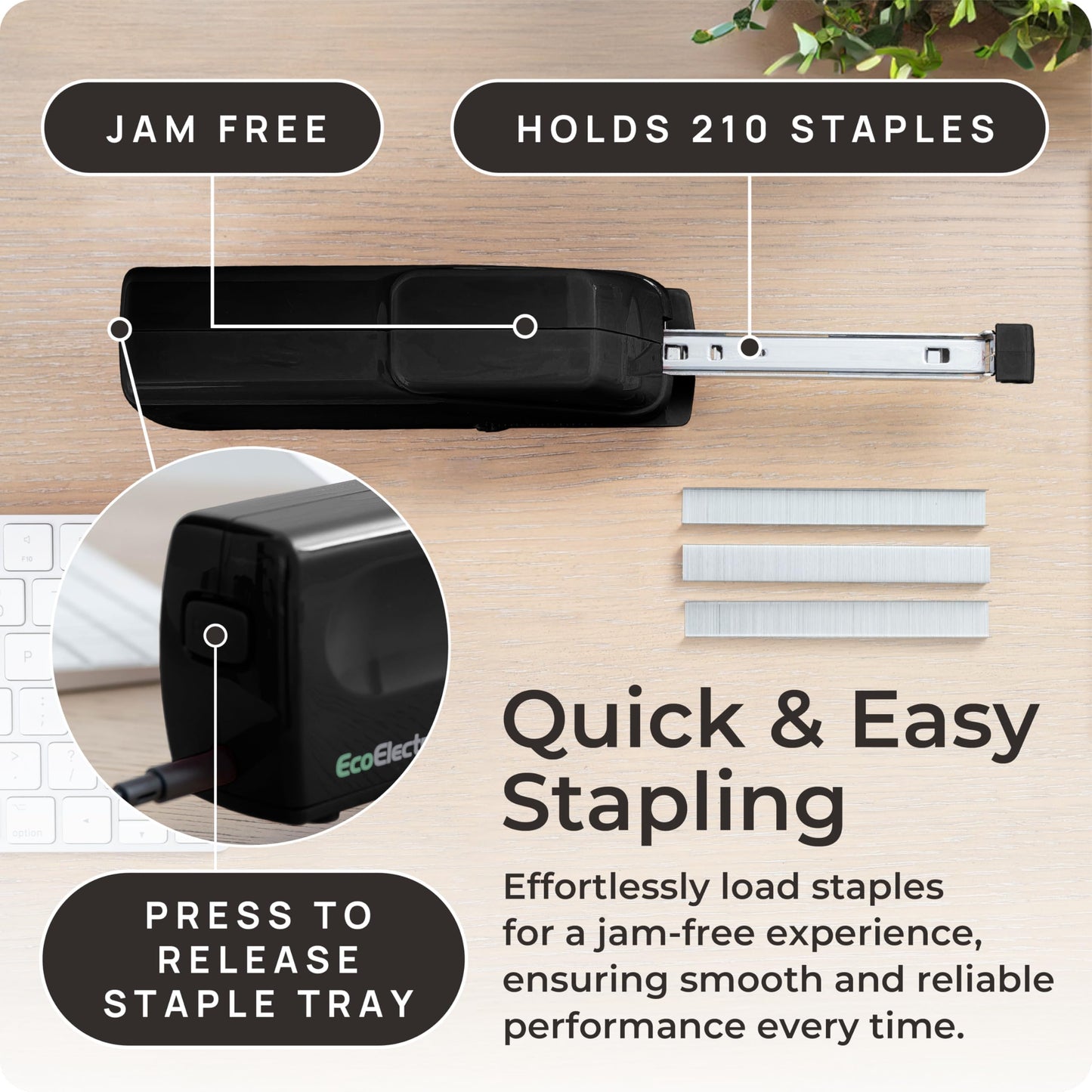 EcoElectronix Portable Automatic Electric Stapler Pro - 30 Sheet Capacity, Quiet Operation, Jam-Free and Easy Reload - AC Adapter/Battery Powered, (Black)