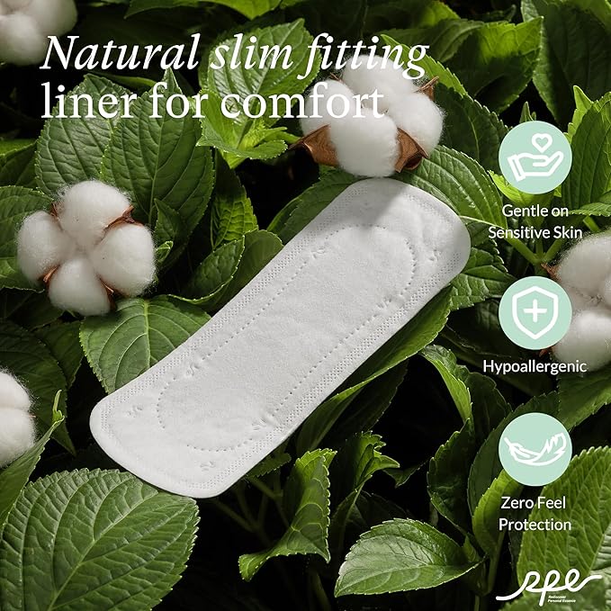 100% Organic Long Panty Liners for Women - 96ct, Ultra Thin Cotton Cover, Light Absorbency, Unscented Barely There Pantiliners (Long Liner, Size 2, 96ct)