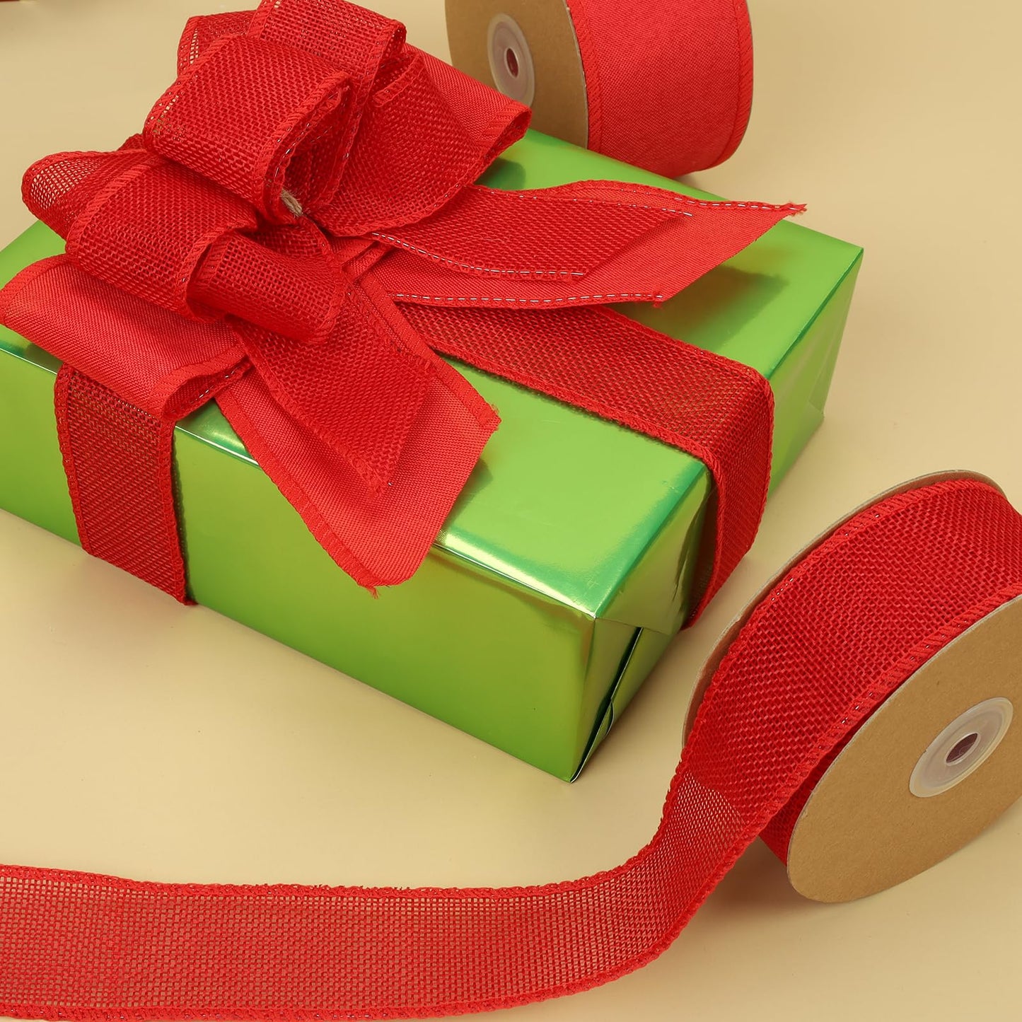 LaRibbons Red Burlap Wired Ribbon, 2.5 Inch x 12 Yards Red Burlap Fabric Ribbon for Crafts, Wreath, Bows, Gift Wrapping, Tree, Christmas Halloween Outdoor Decoration