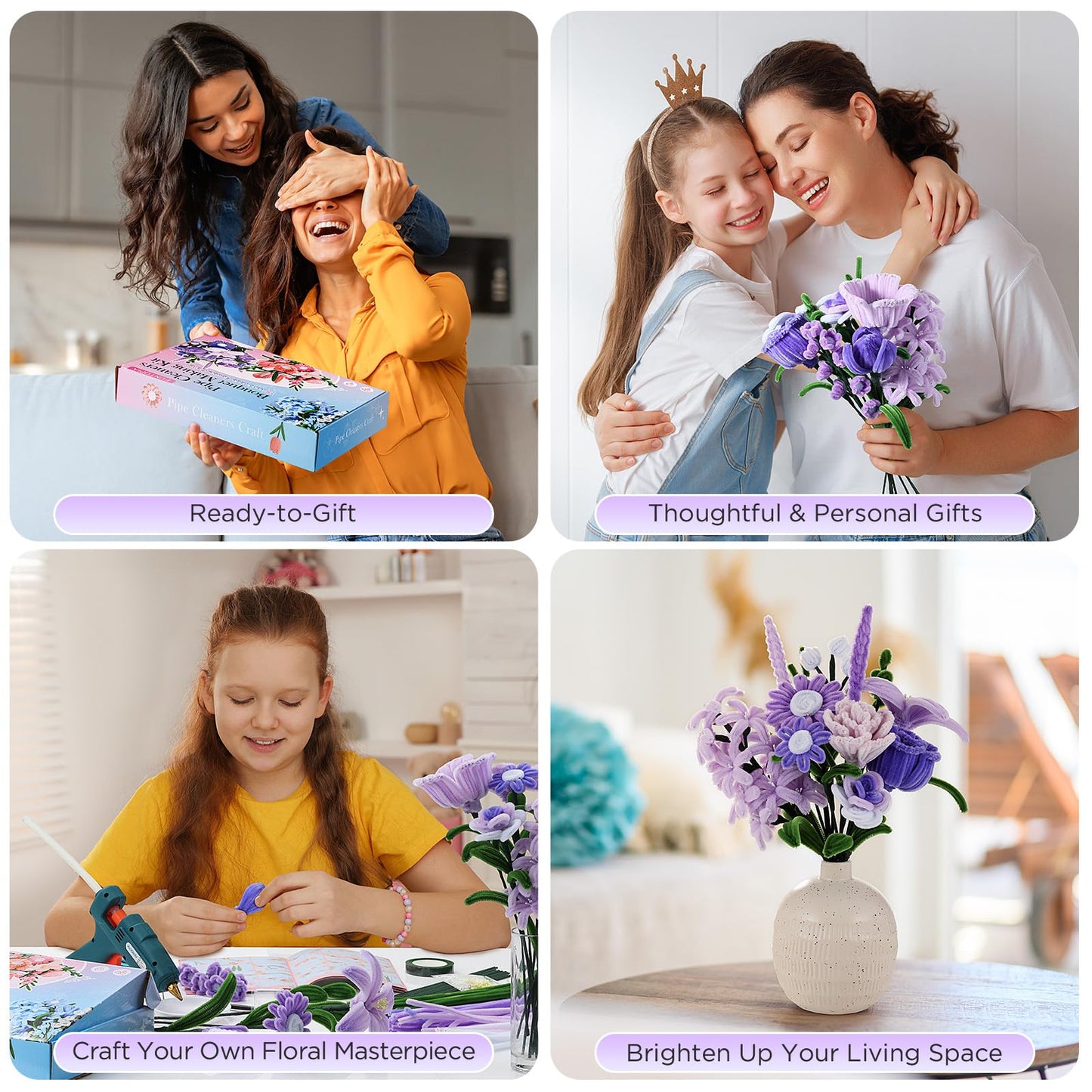 Funtopia Pipe Cleaner Flowers, 540 Pcs Pipe Cleaners Craft Bulk, Pipe Cleaner Flower Kit with Instruction, Chenille Stems for Flower Making, DIY Bouquets and Party Decorations (Purple, 12in x 7mm)