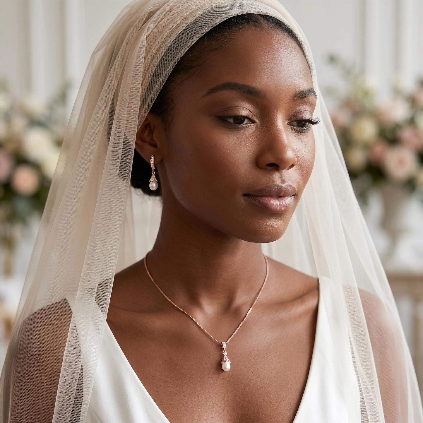 Mariell 14K Rose Gold Plated Wedding Necklace & Earrings Jewelry Set with Freshwater Pearl for Bridesmaids & Brides