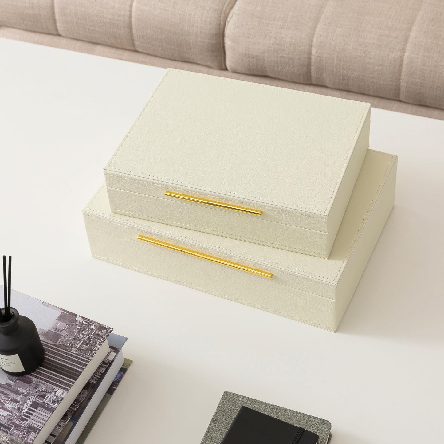Soul & Lane Faux Leather Decorative Boxes with Lids and Gold Hardware for Home Decor, Set of 2 Stacking Hinged Boxes for Coffee Table and Living Room Shelves, Nesting Remote Control Holder, Ivory