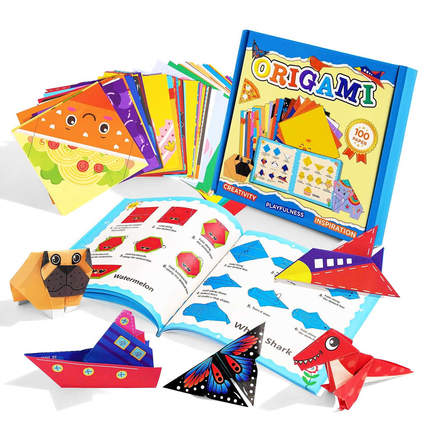 Origami Kit for Kids Ages 5-8 8-12, 100 Sheets Double Sided Colorful Folding Paper (45 Patterns×2+10Blank) with Clear Guiding Book, Animals Dinosaur Art Activity DIY Craft Set Gift for Girls Boys