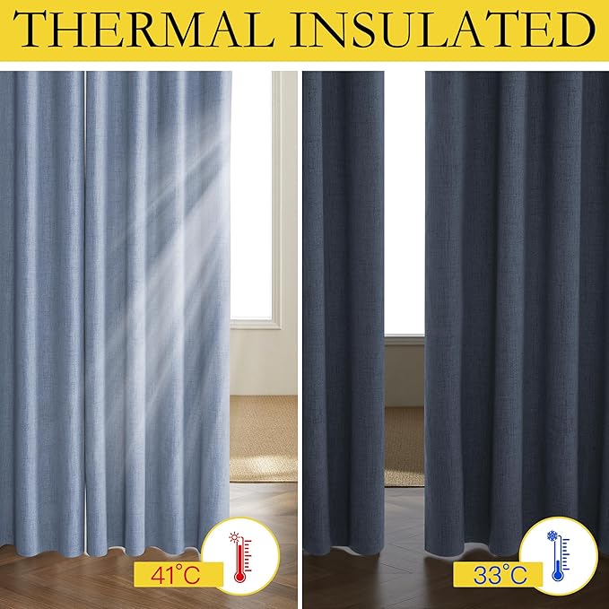 NICETOWN Stone Blue Vintage Linen 100% Blackout Curtains for Living Room, Thermal Insulated Curtains 108" Long, Noise Reducing Window Treatment Drapes for Hall Room, 52" Wide Per Panel, Set of 2