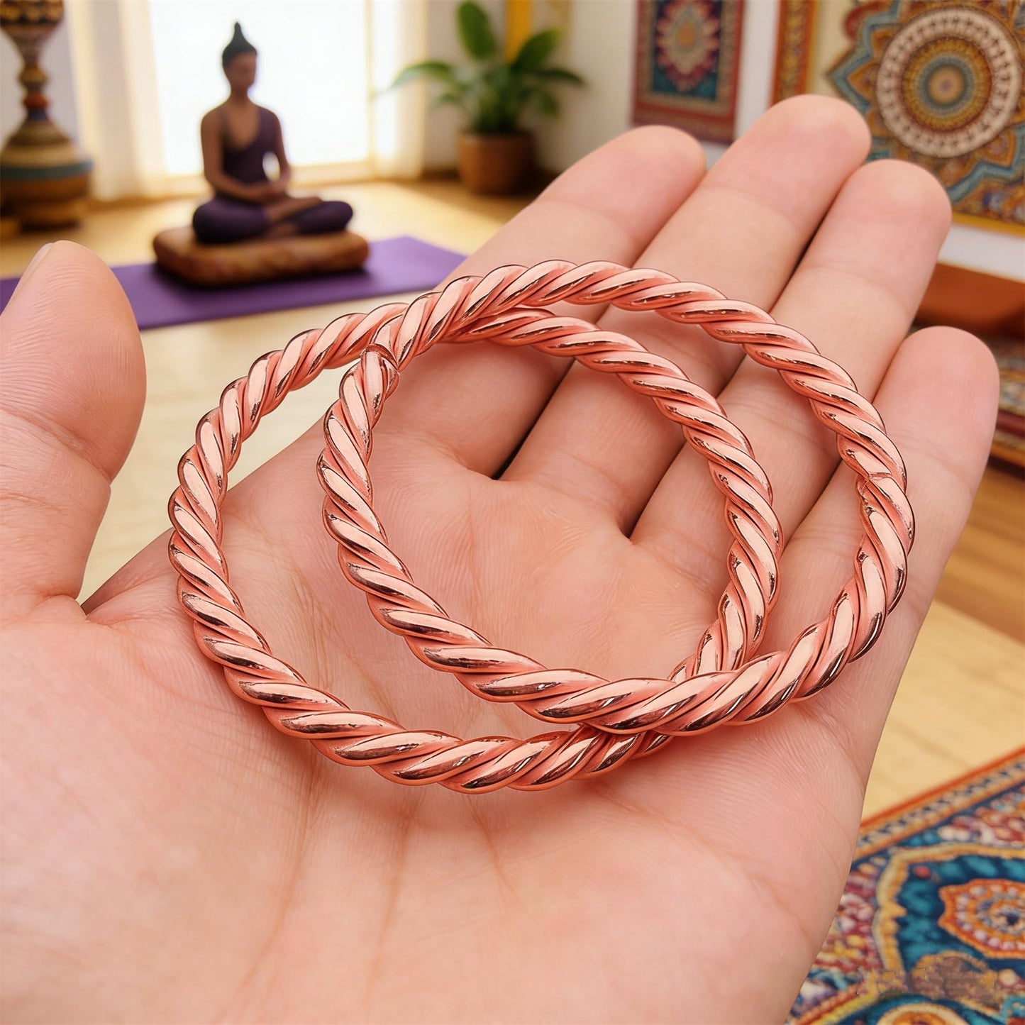 2 Pcs Solid Pure Copper Tensor Bracelet - Handmade Twisted Tensor Ring Bangle Wellness Jewelry Gift for Women and Men