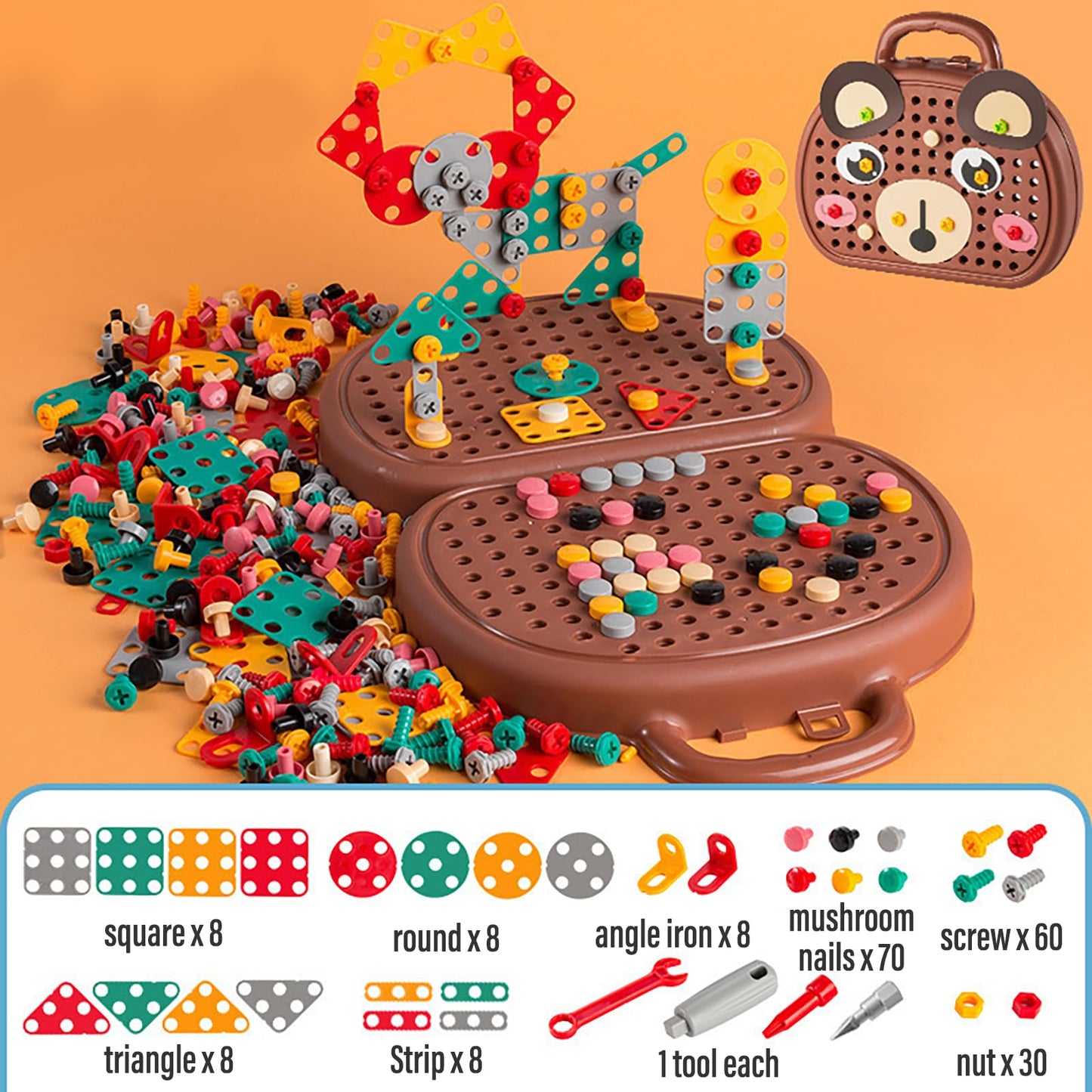 Magic Montessori Play Toolbox with Drill, 203Pcs Magic Montessori Play Toolbox Bear-Themed, 2D/3D Creativity Tool Box Montessori Toys Gift for Age 3-12 Years Old Boys Kids, Girls