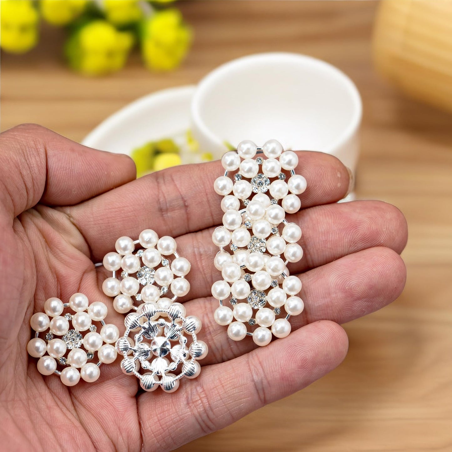 24 pcs Pearl Buttons Rhinestone Crystal Silver Flatback Beads Brooches Elegant Embellishment Accessory DIY Craft for Wedding Party Bags Shoes Dress Home Decoration 24mm (Silver)