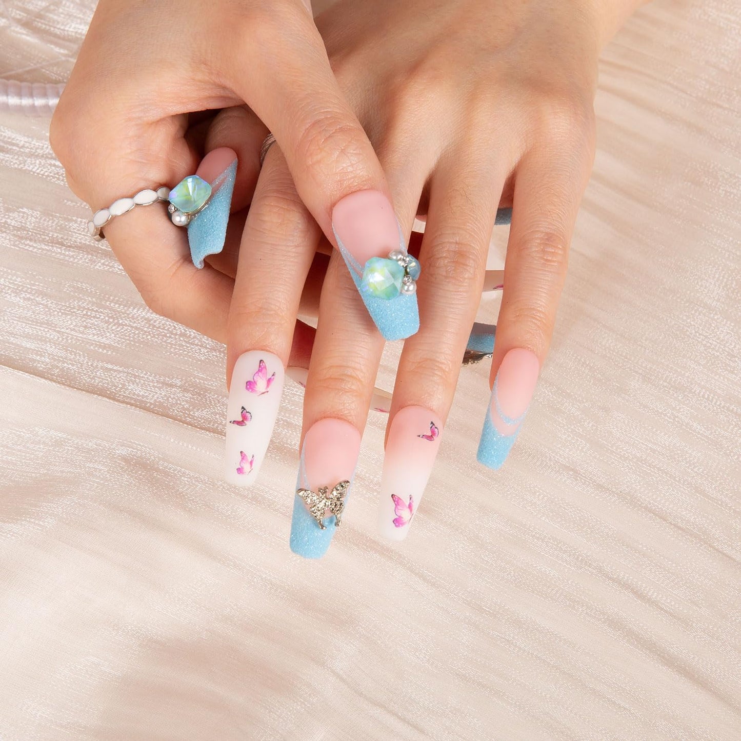 LOVFUL Press on Nails Sky Dance French Tip | Handmade with Full Covered Crystals | Reusable Full Cover Nails | Coffin Classic Regular 1.3 in | H282-S