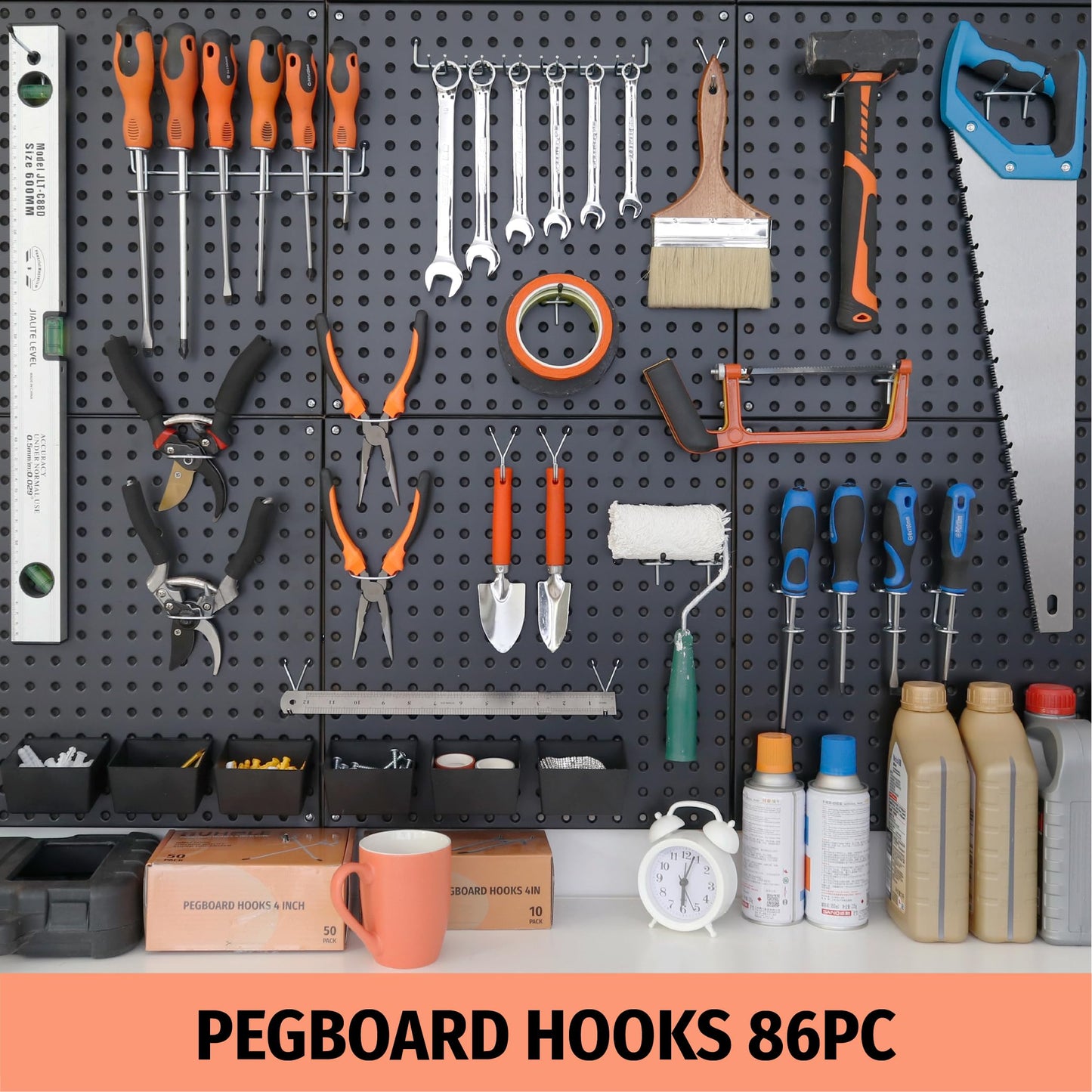 HUHOLE 86 Piece Pegboard Hooks Assortment Kit with Pegboard Bins Garage Tool Organizer Set Fits 1/8 and 1/4 Inch Peg Board Accessories for Workbench Craft Room and Kitchen Storage