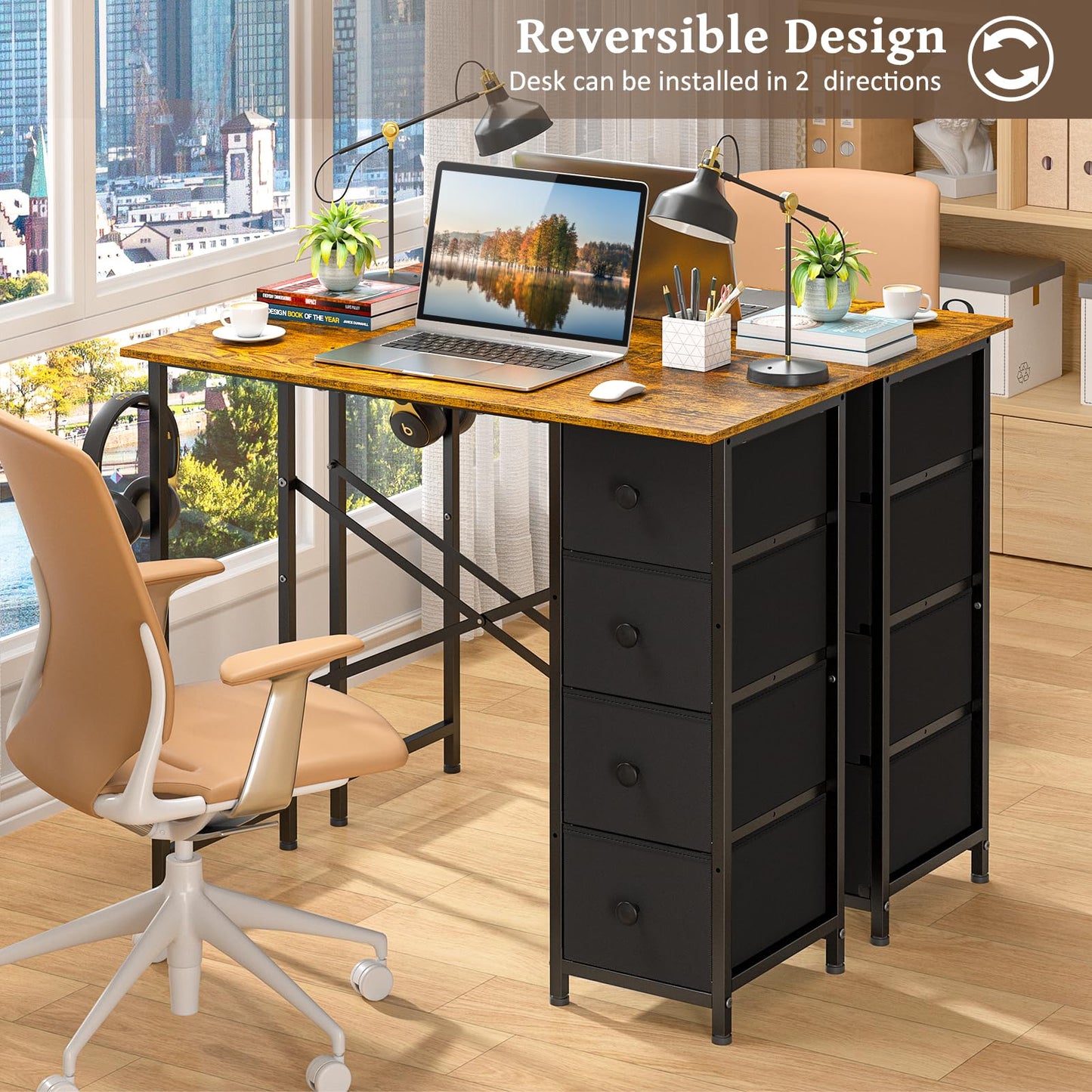 Small Computer Desk with 4 Fabric Drawers, 36 Inch Reversible Writing Desk for Home Office Bedroom, Modern Simple Kids Student Study Desk with Storage, Compact Desk for Small Spaces, Rustic Brown