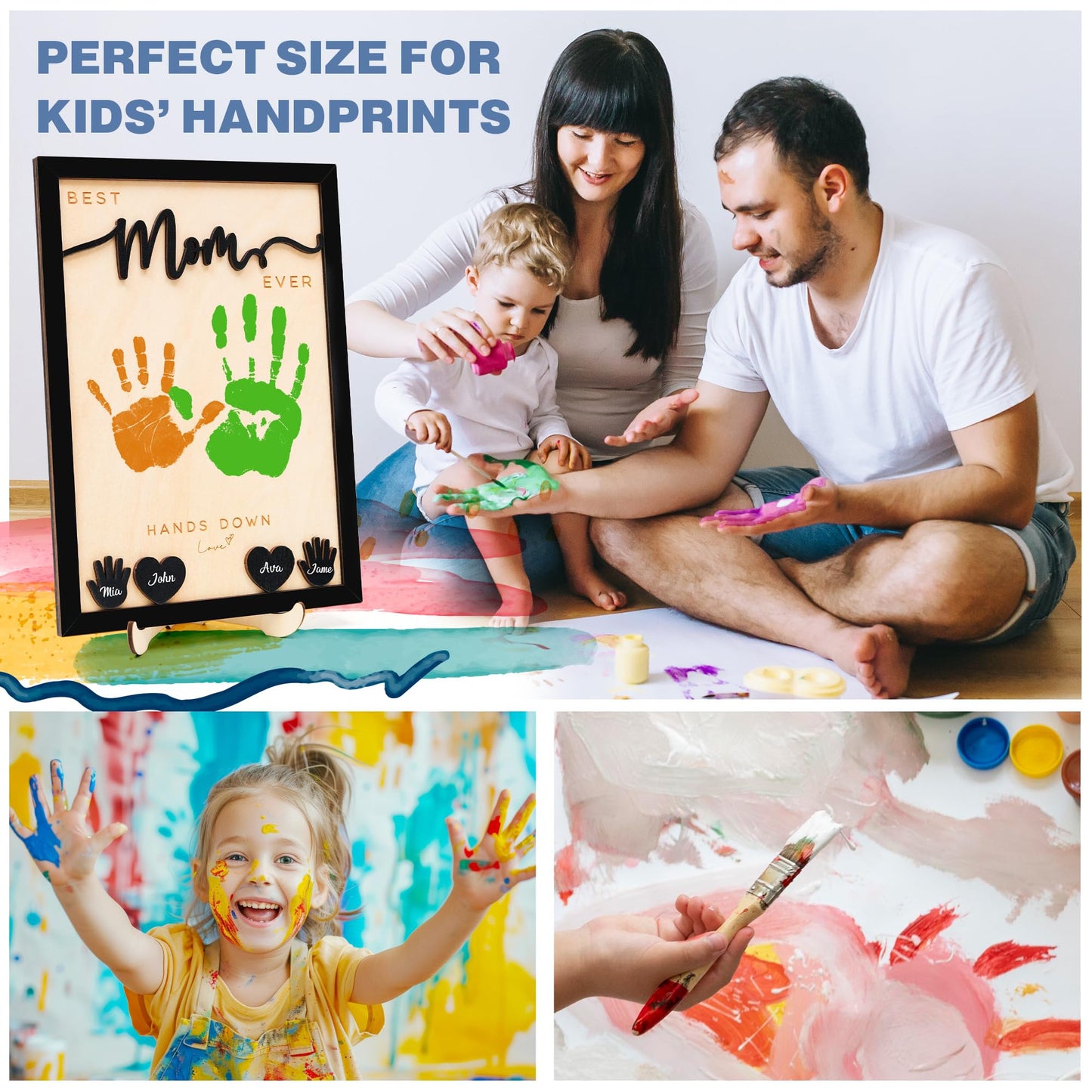 10" Hands Down Best Mom Ever DIY Handprint Kit - Wood Frame with Paints & Keychain - Kids Names Family Keepsake - Heartfelt Mother's Day or Birthday Gift To Mum (Mom)