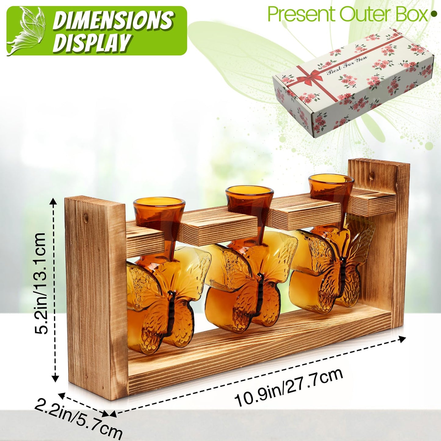 Glass Plant Propagation Station Butterfly Vases for Plants Birthday Gifts for Women Mom Office Home Decoration with Wooden Stand