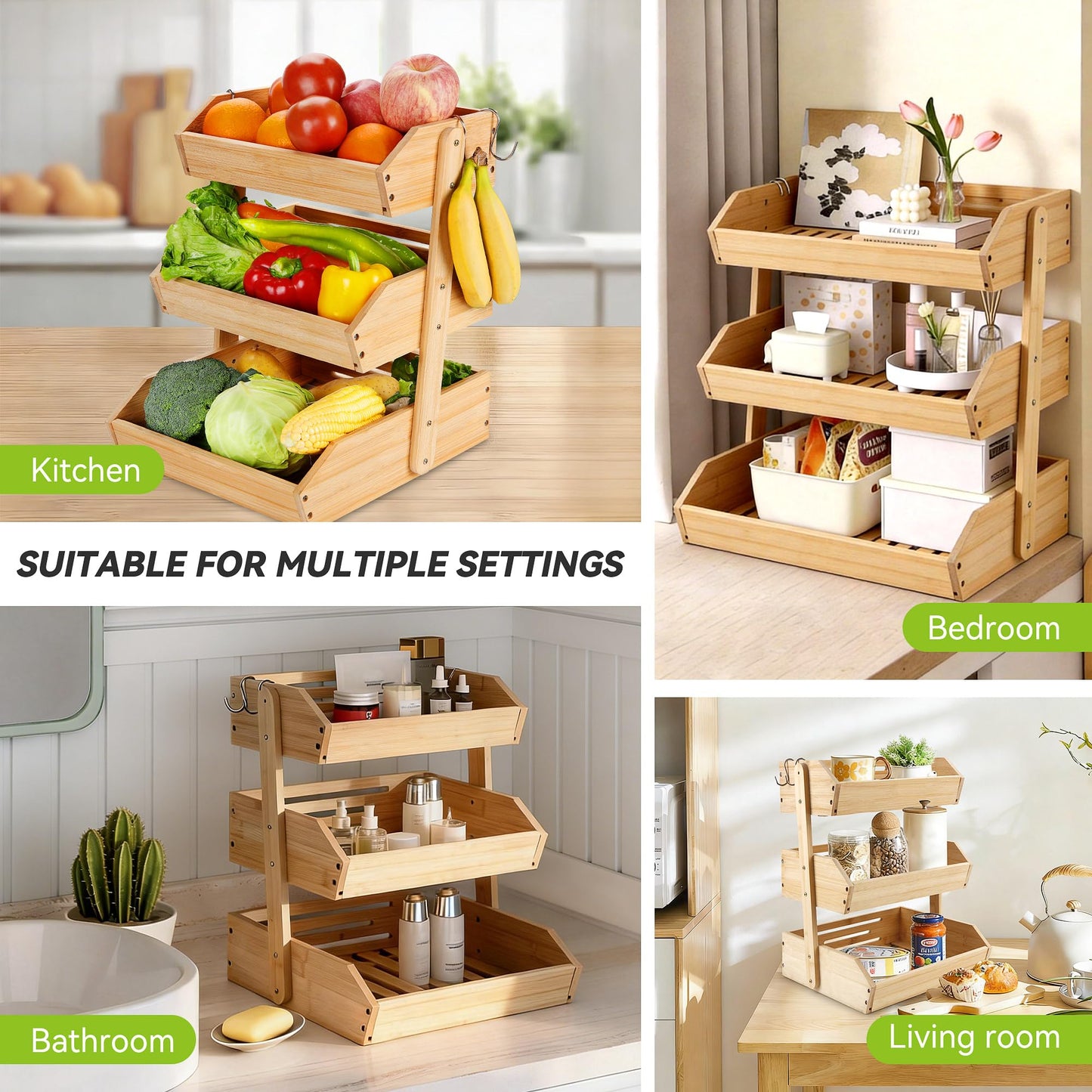 Fyvva Bamboo Fruit Basket, 3-Tier Fruit Basket for Kitchen Counter, Large Fruit Bowl with 2 Banana Hangers for Storing Fruit, Vegetables, and Organising Snacks, Bread (Natural)
